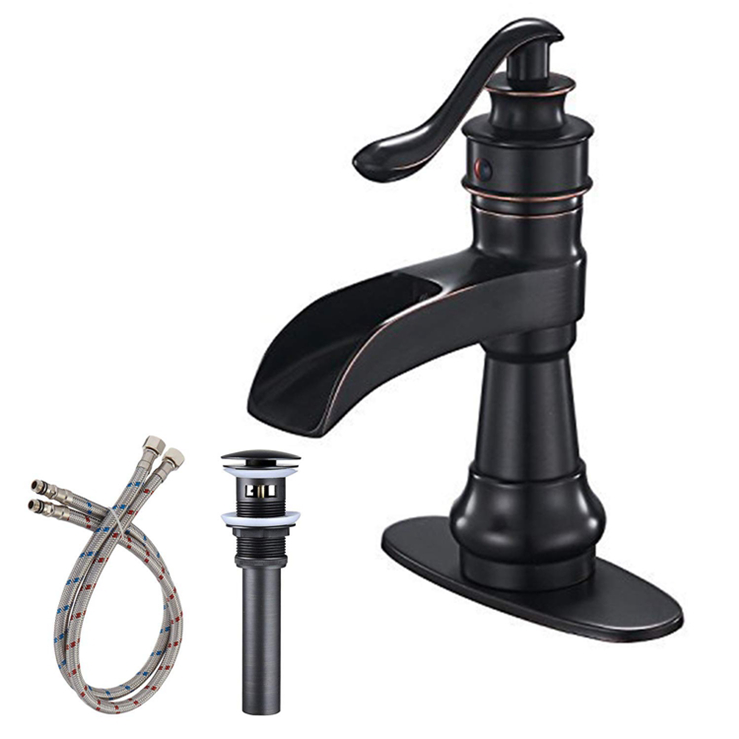 Single Handle Single Hole Bathroom Faucet with Deckplate Included, Pop Up Drain and Water Supply Hoses in Brushed Nickel/Oil Rubbed Bronze