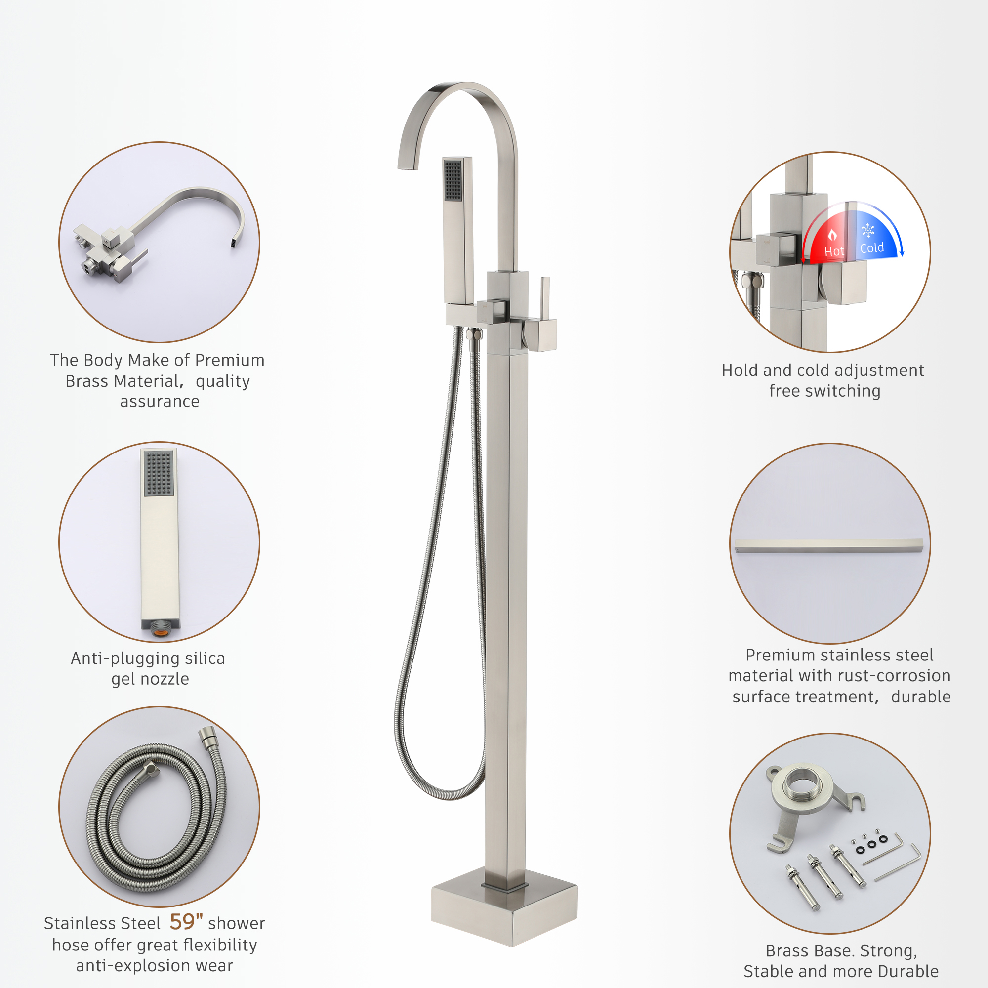 Single-Handle Floor-Mounted Bathtub Faucet High Flow Bathroom Tub Filler with Hand Shower, Brushed Nickel