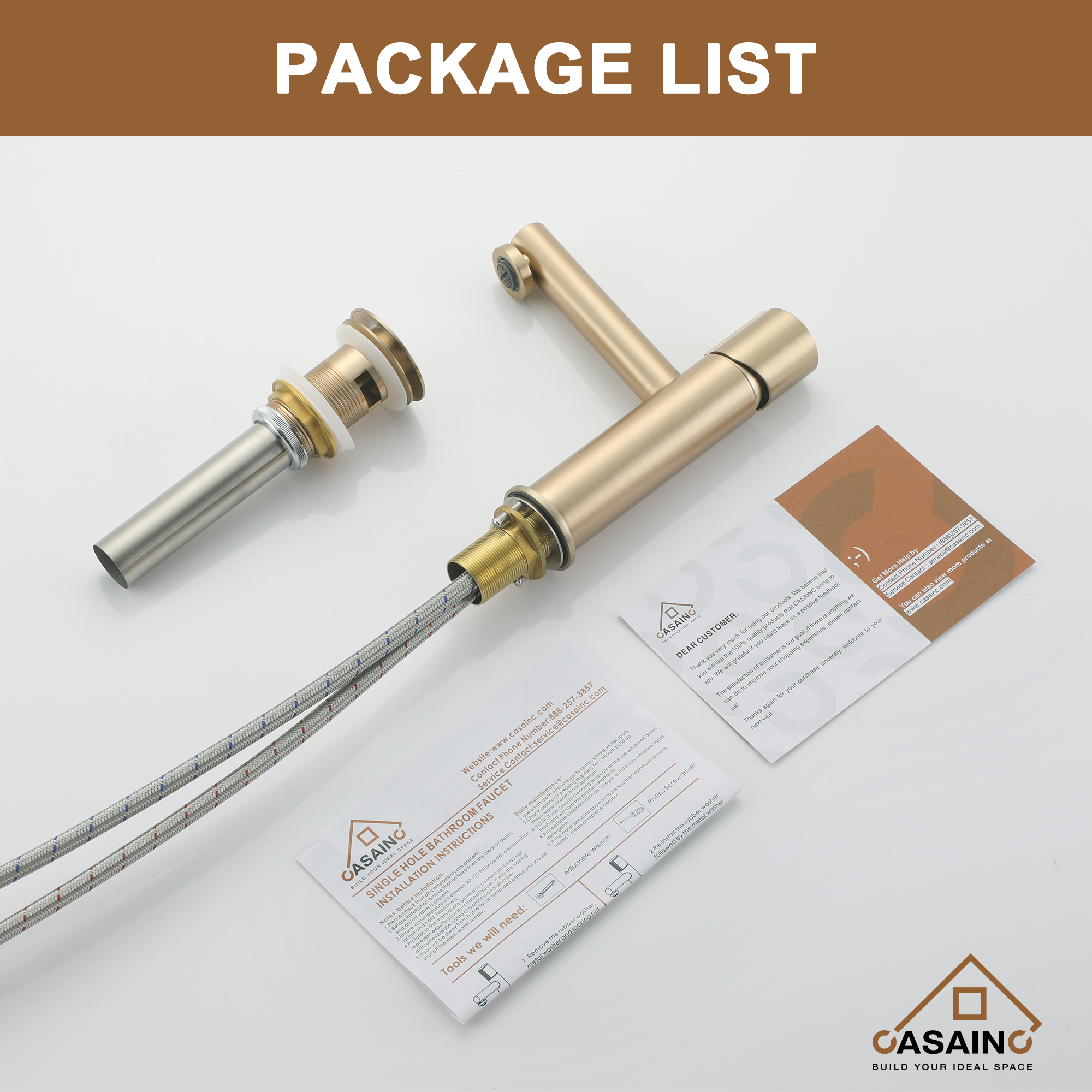 Single Handle Single Hole Bathroom Vessel Sink Faucet with Pop-Up Drain and Spot Resistant in Brushed Champagne Gold