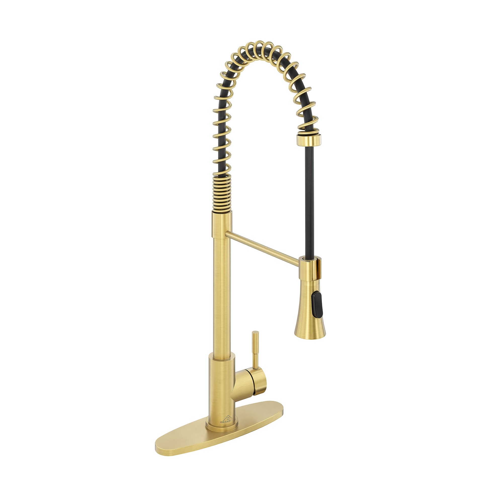 Single-Handle Spring Pull Down Sprayer Kitchen Faucet in Brushed Gold with Dual Function Sprayhead and Deckplate