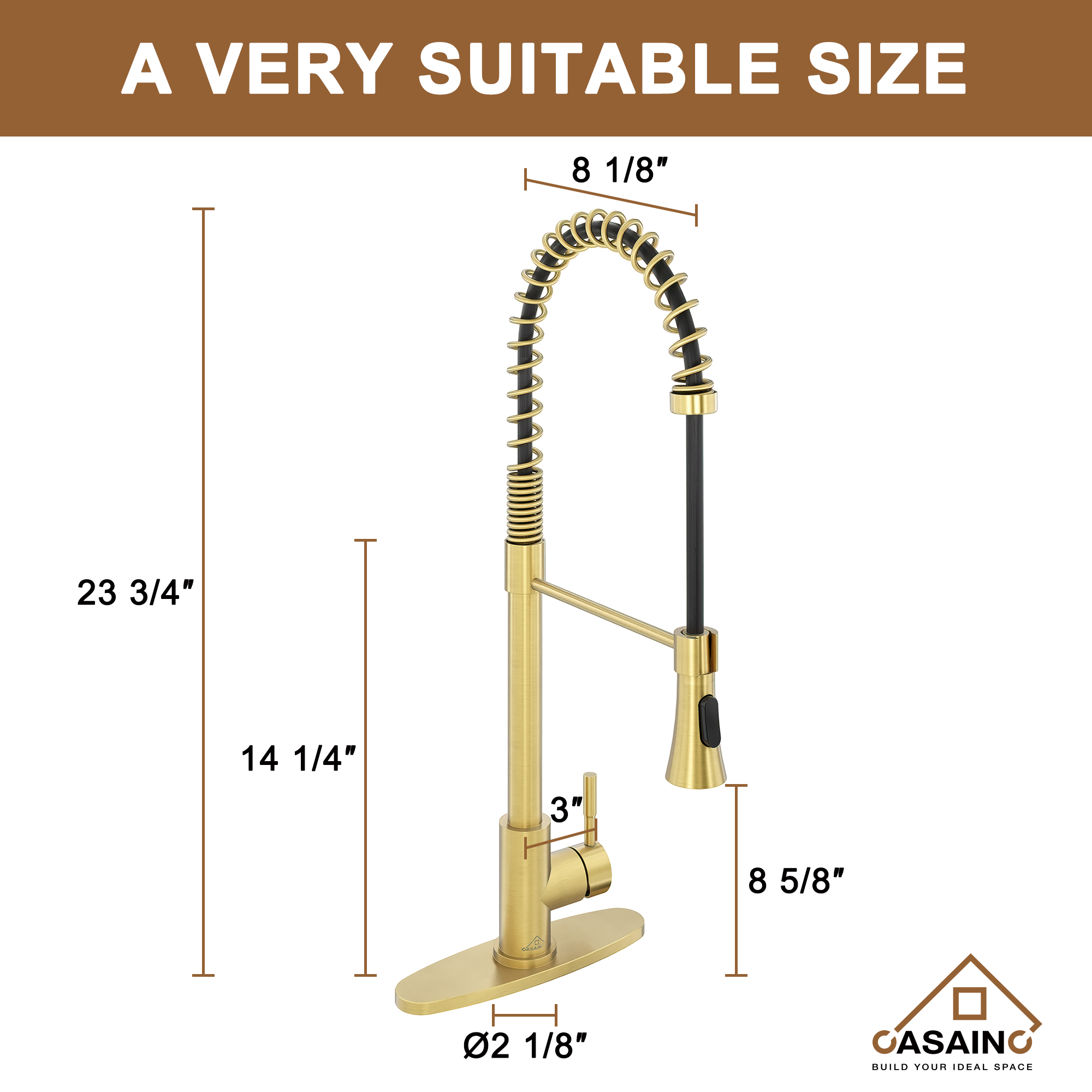 Single-Handle Spring Pull Down Sprayer Kitchen Faucet in Brushed Gold with Dual Function Sprayhead and Deckplate