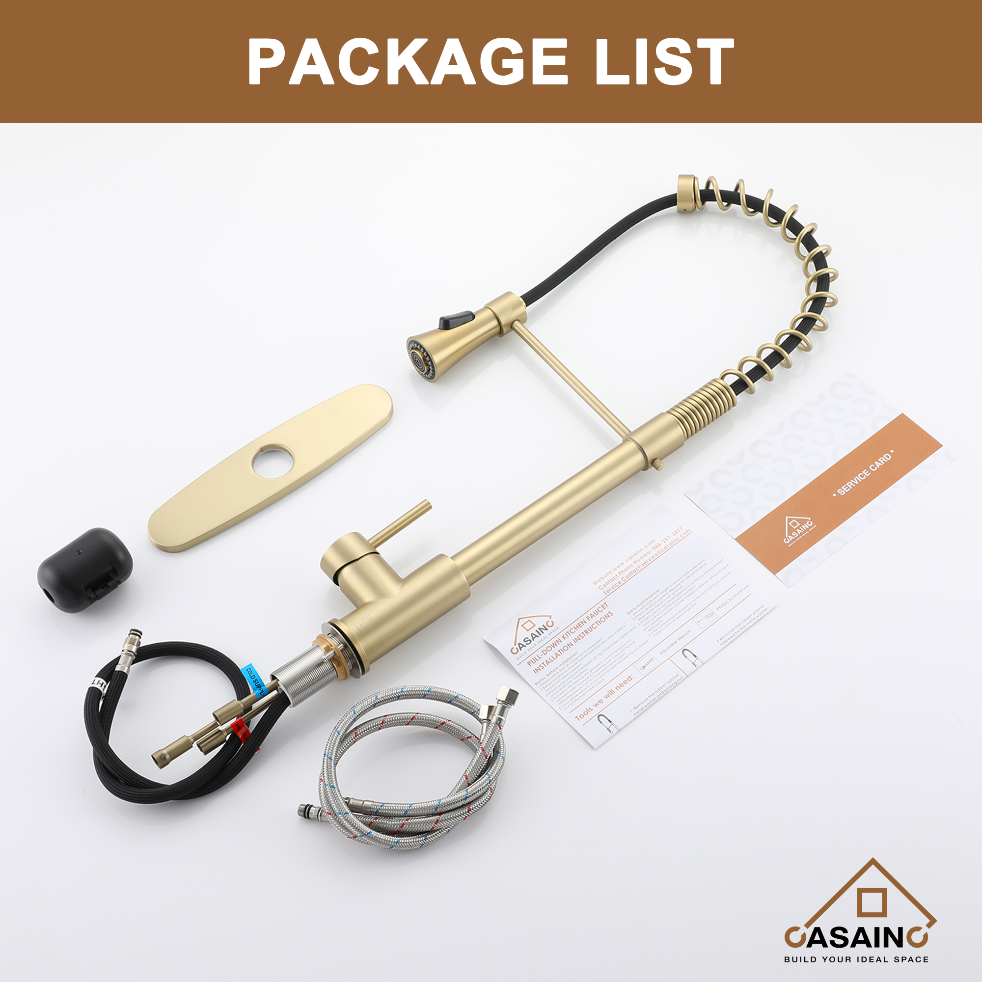 Single-Handle Spring Pull Down Sprayer Kitchen Faucet in Brushed Gold with Dual Function Sprayhead and Deckplate