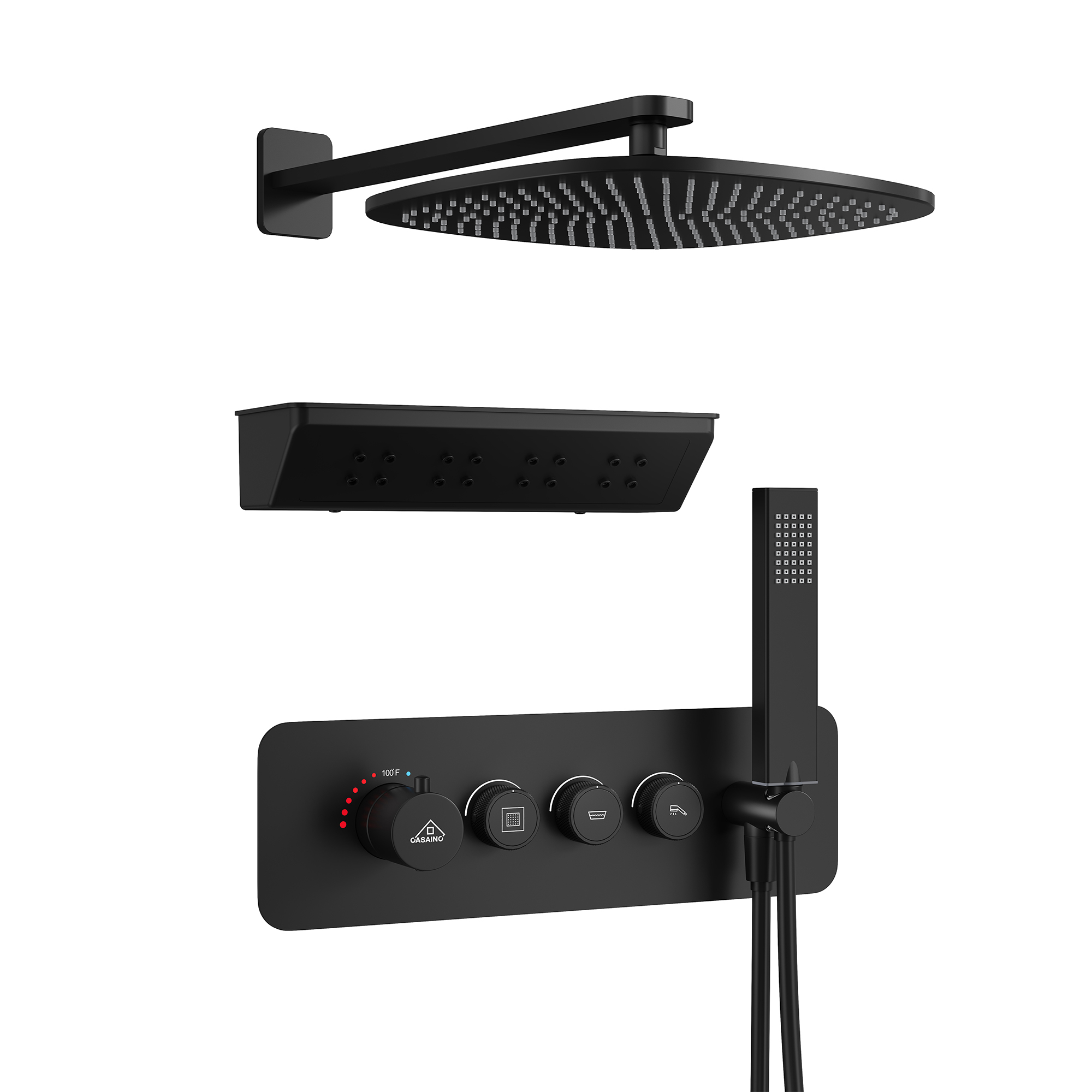 Single-Handle 3-Spray Square Shower Faucet 12 in. Showerhead 2.5 GPM with Body Spray in. Matte Black, Valve Included