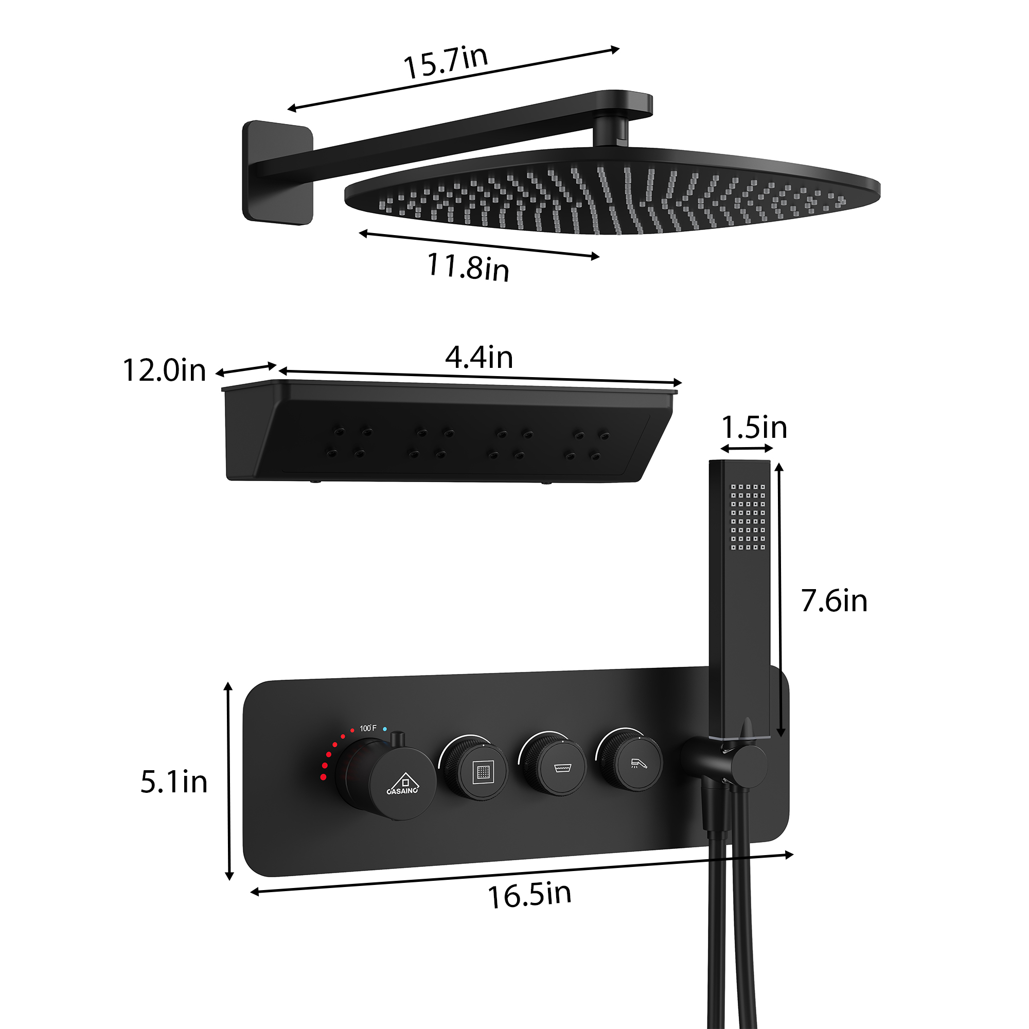 Single-Handle 3-Spray Square Shower Faucet 12 in. Showerhead 2.5 GPM with Body Spray in. Matte Black, Valve Included