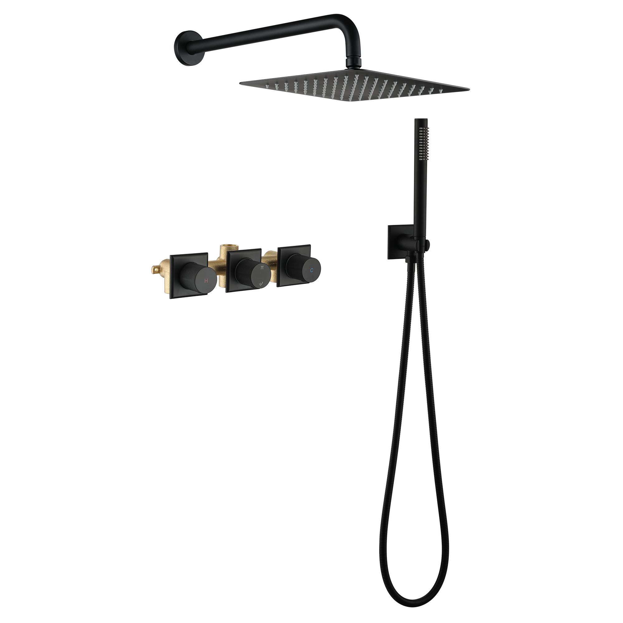 Shower System Rainfall Shower Head with Handheld Spary Combo Shower Faucet System 10inch Ceiling Shower Head with valve for Bathroom, Matte Black