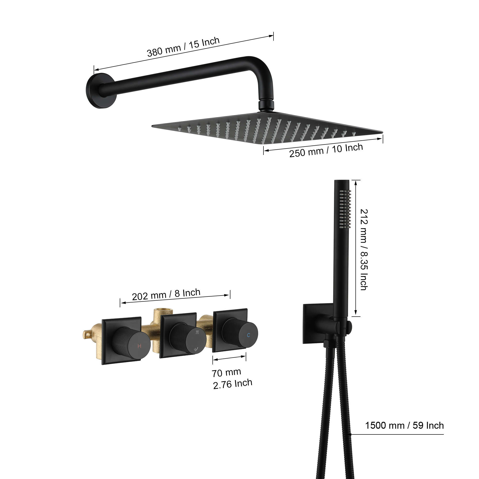 Shower System Rainfall Shower Head with Handheld Spary Combo Shower Faucet System 10inch Ceiling Shower Head with valve for Bathroom, Matte Black