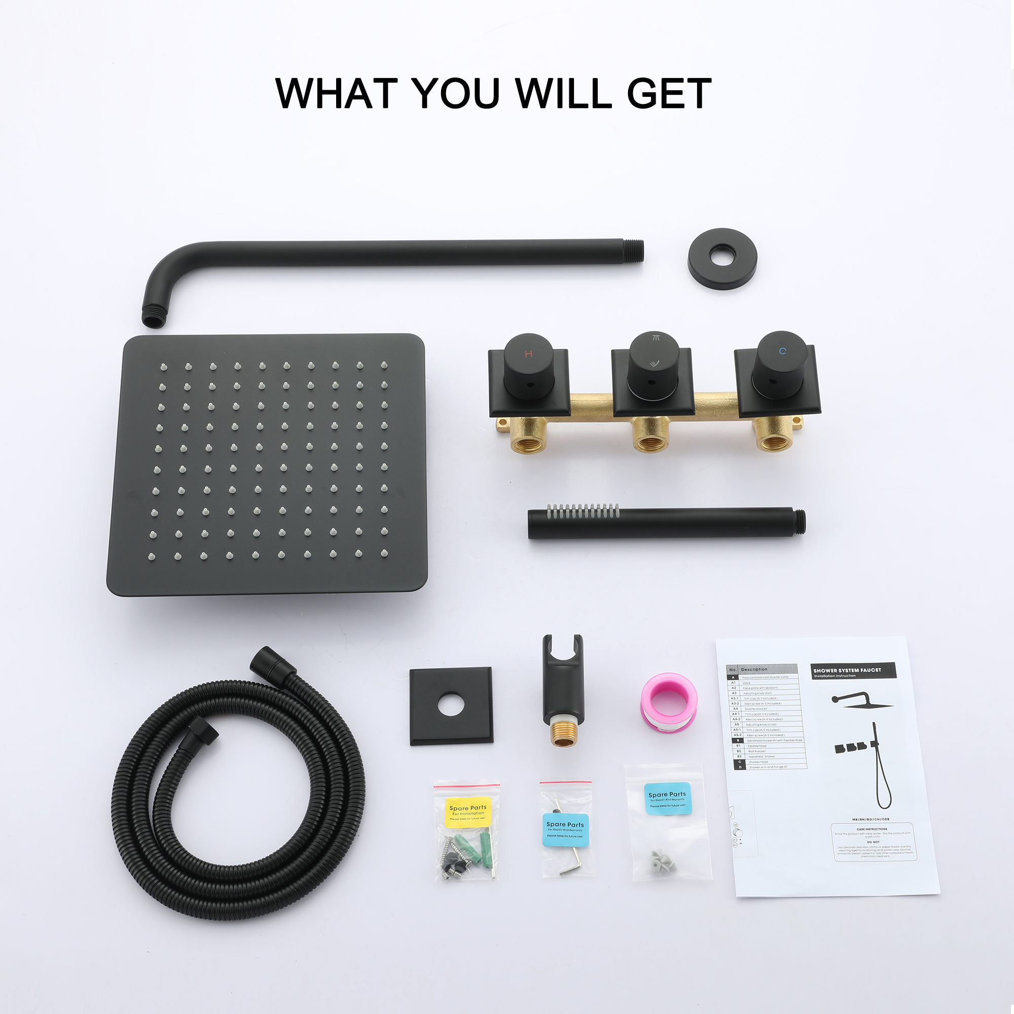 Shower System Rainfall Shower Head with Handheld Spary Combo Shower Faucet System 10inch Ceiling Shower Head with valve for Bathroom, Matte Black