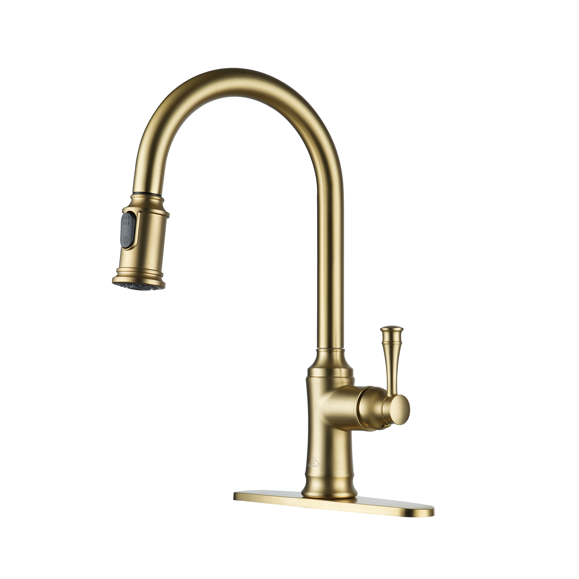 Single Handle Pull Out Sprayer Kitchen Faucet High Arc with Pull Down Sprayer head, Deckplate Included in Brushed Nickel/Matte Black/Brushed Gold