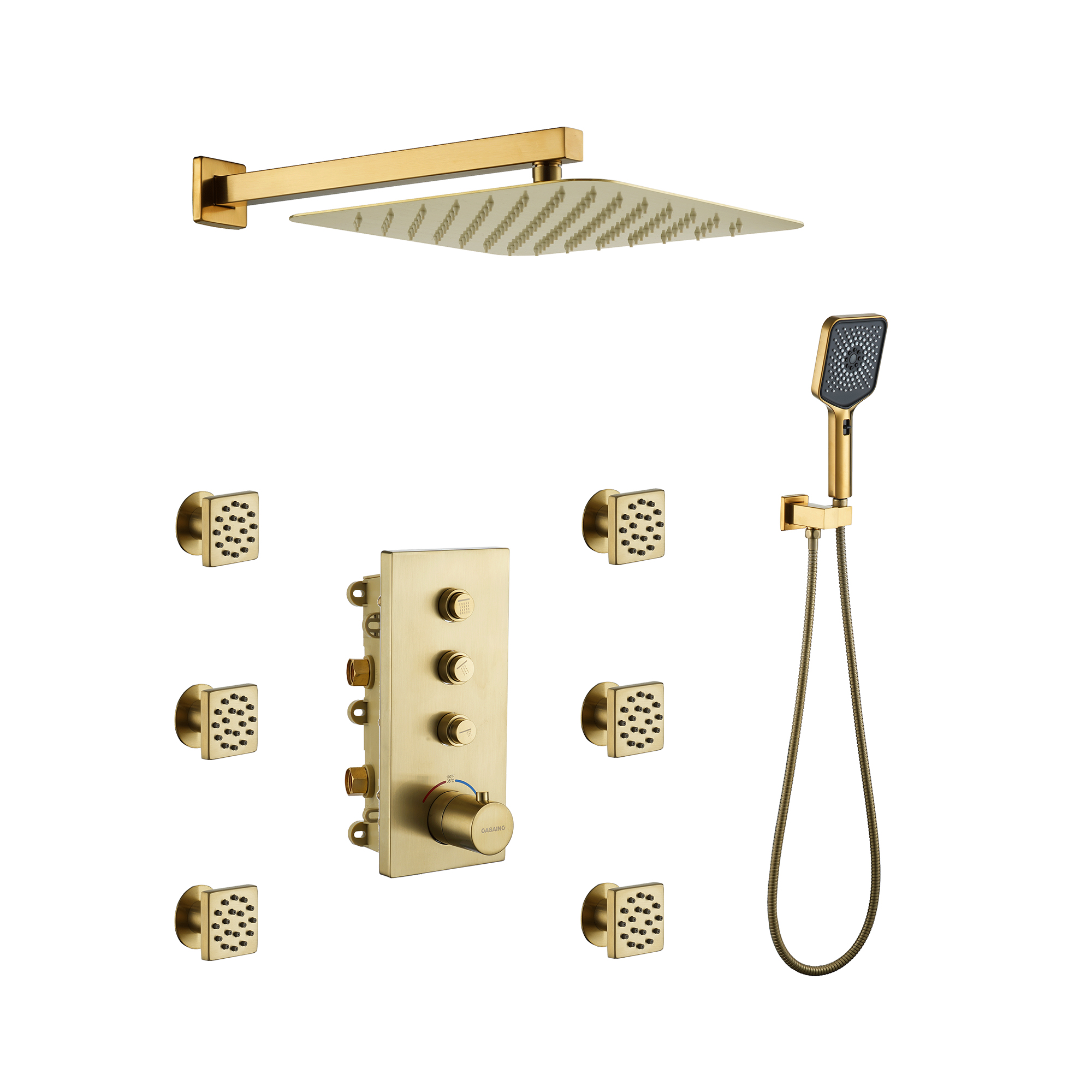 Luxury Thermostatic 3-Spray Patterns 12 in. Flush Wall Mount/Ceiling Mount Rainfall Dual Shower Heads with 6-Jets in Brushed Gold