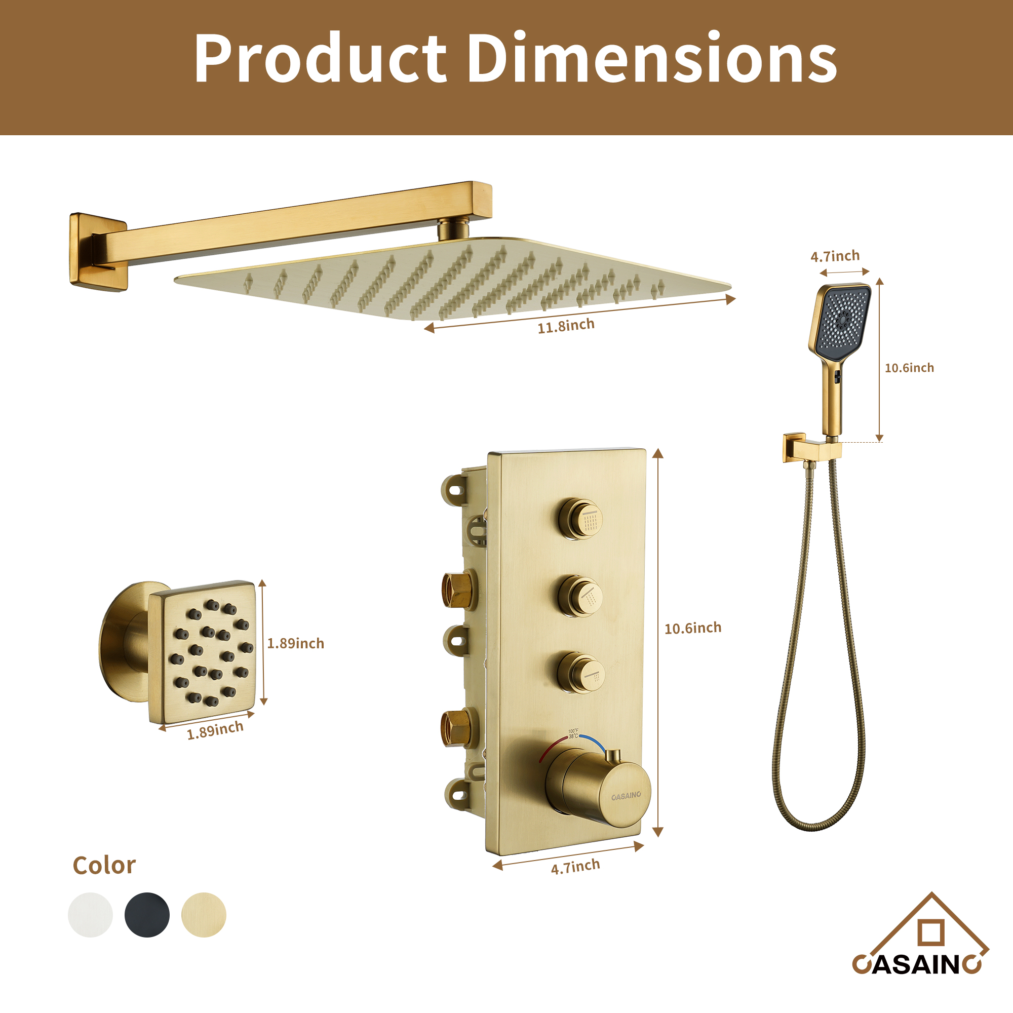 Luxury Thermostatic 3-Spray Patterns 12 in. Flush Wall Mount/Ceiling Mount Rainfall Dual Shower Heads with 6-Jets in Brushed Gold
