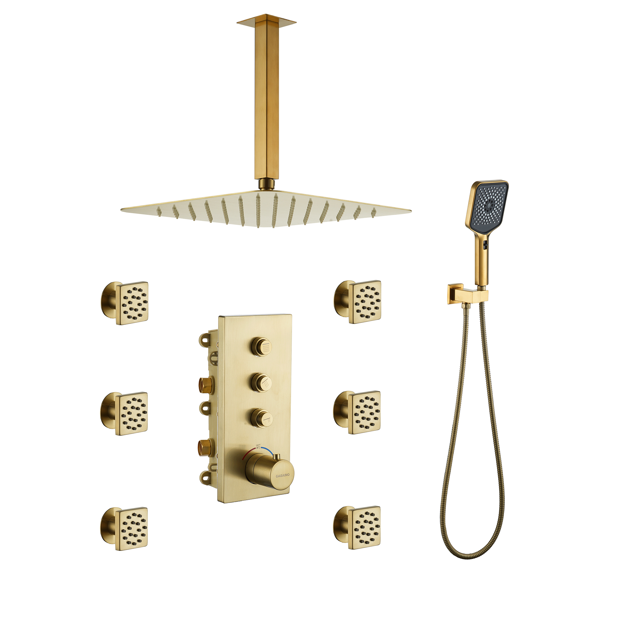 Luxury Thermostatic 3-Spray Patterns 12 in. Flush Wall Mount/Ceiling Mount Rainfall Dual Shower Heads with 6-Jets in Brushed Gold