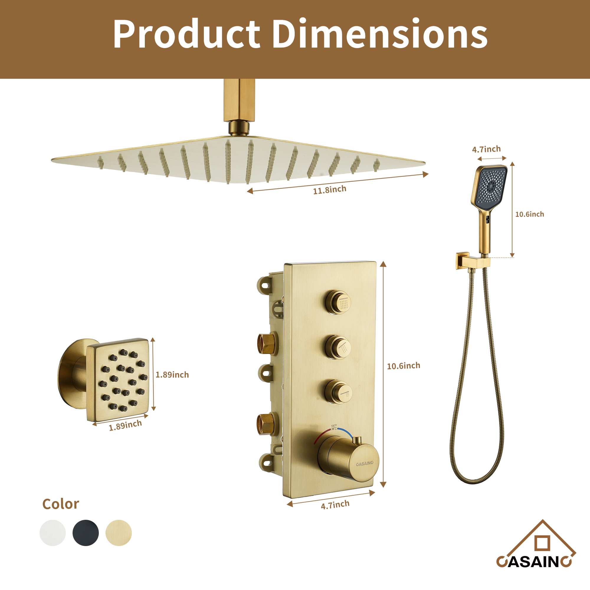 Luxury Thermostatic 3-Spray Patterns 12 in. Flush Wall Mount/Ceiling Mount Rainfall Dual Shower Heads with 6-Jets in Brushed Gold