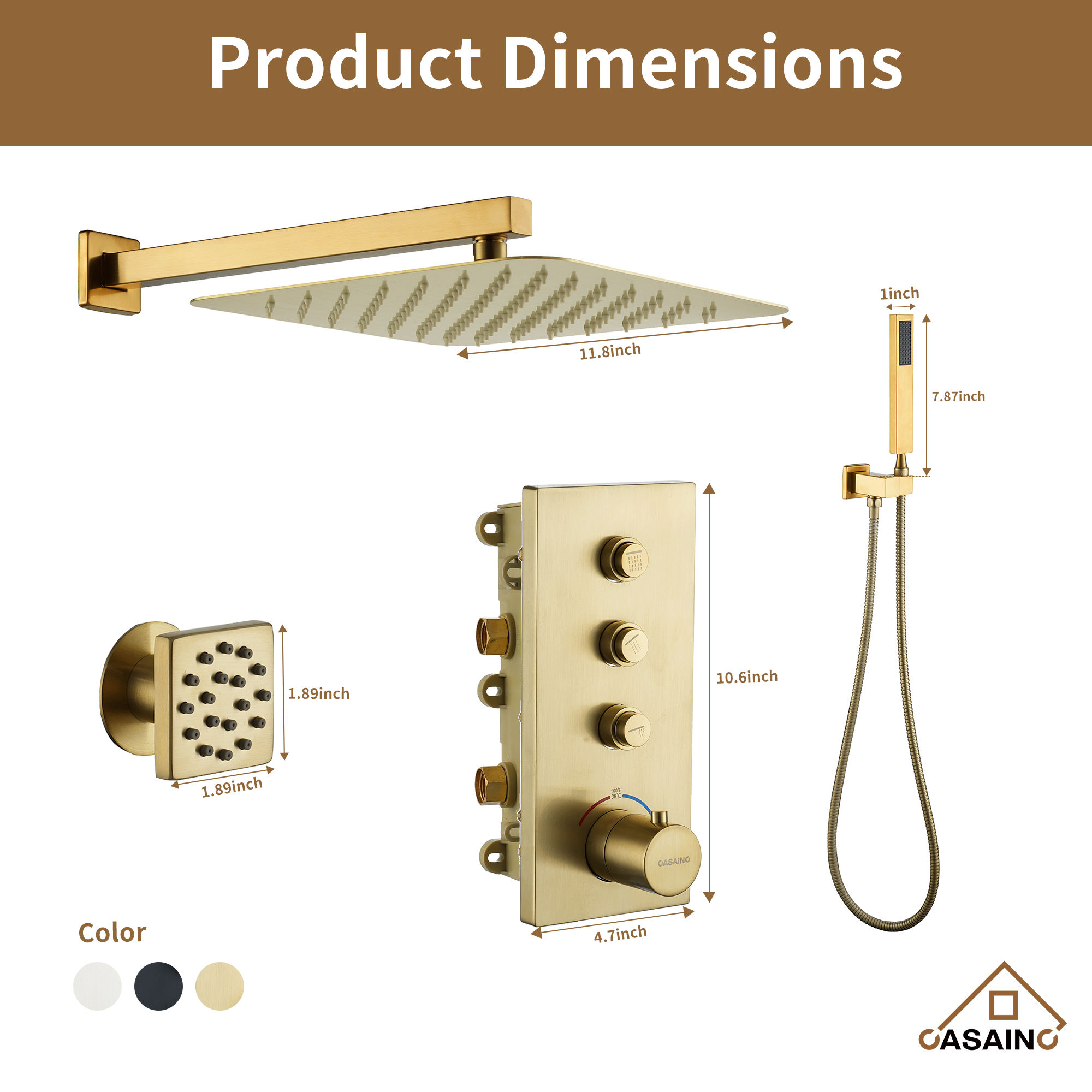 Brushed Gold 12-in Built-In Shower Faucet System with 3-way Diverter (Thermostatic Valve Included)