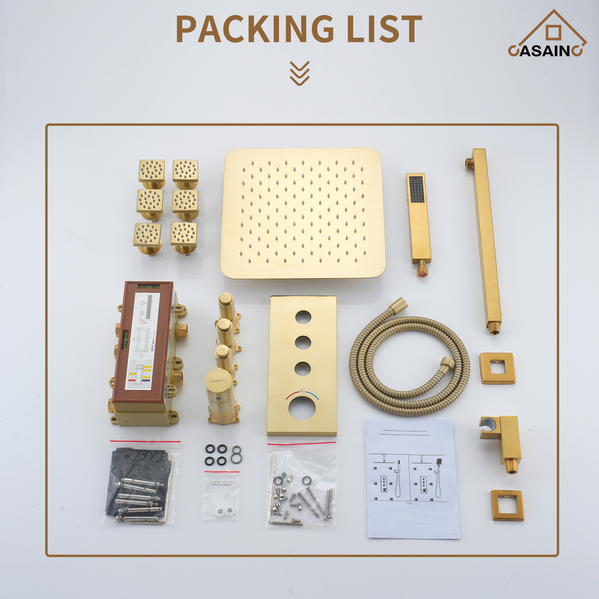 Brushed Gold 12-in Built-In Shower Faucet System with 3-way Diverter (Thermostatic Valve Included)