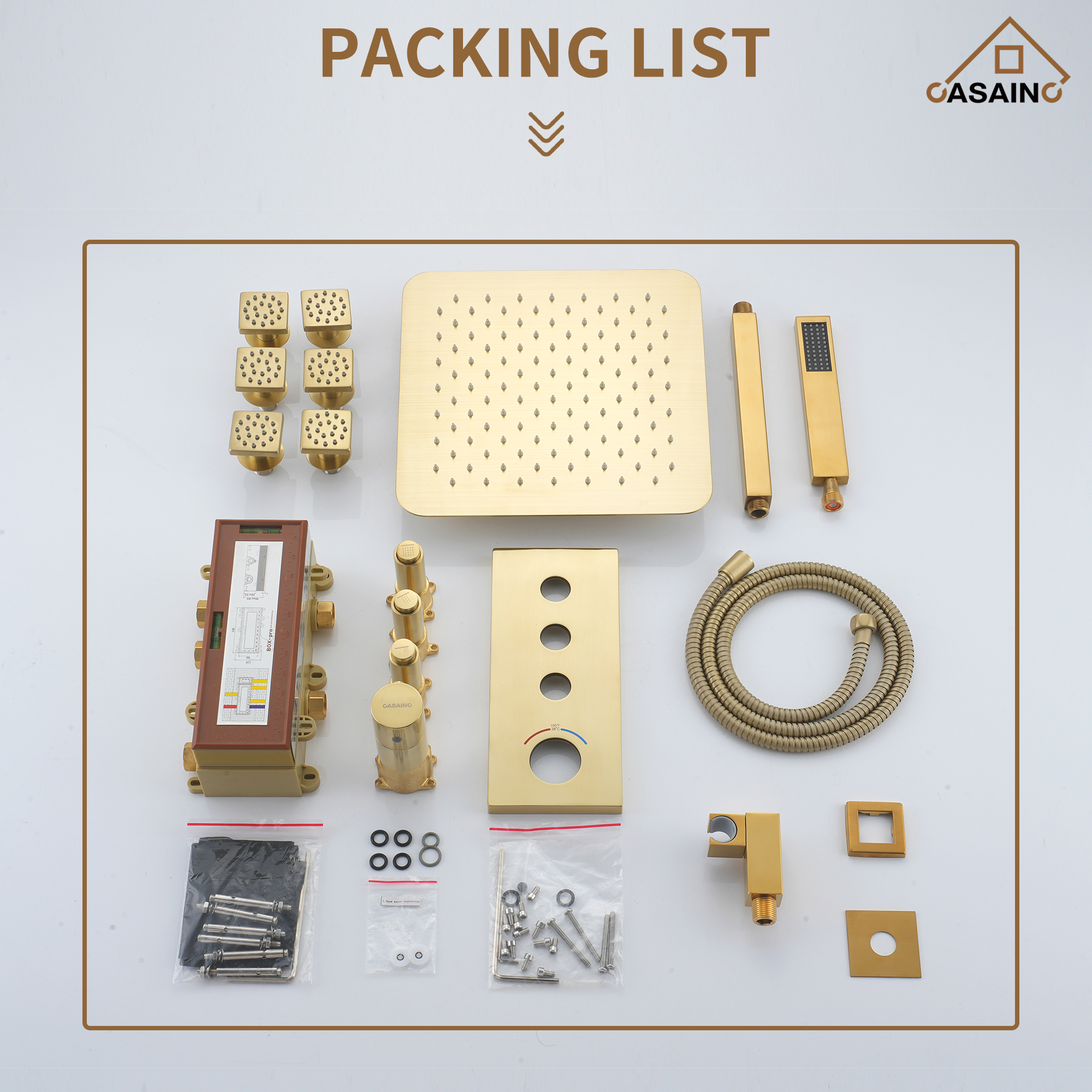 Brushed Gold 12-in Built-In Shower Faucet System with 3-way Diverter (Thermostatic Valve Included)