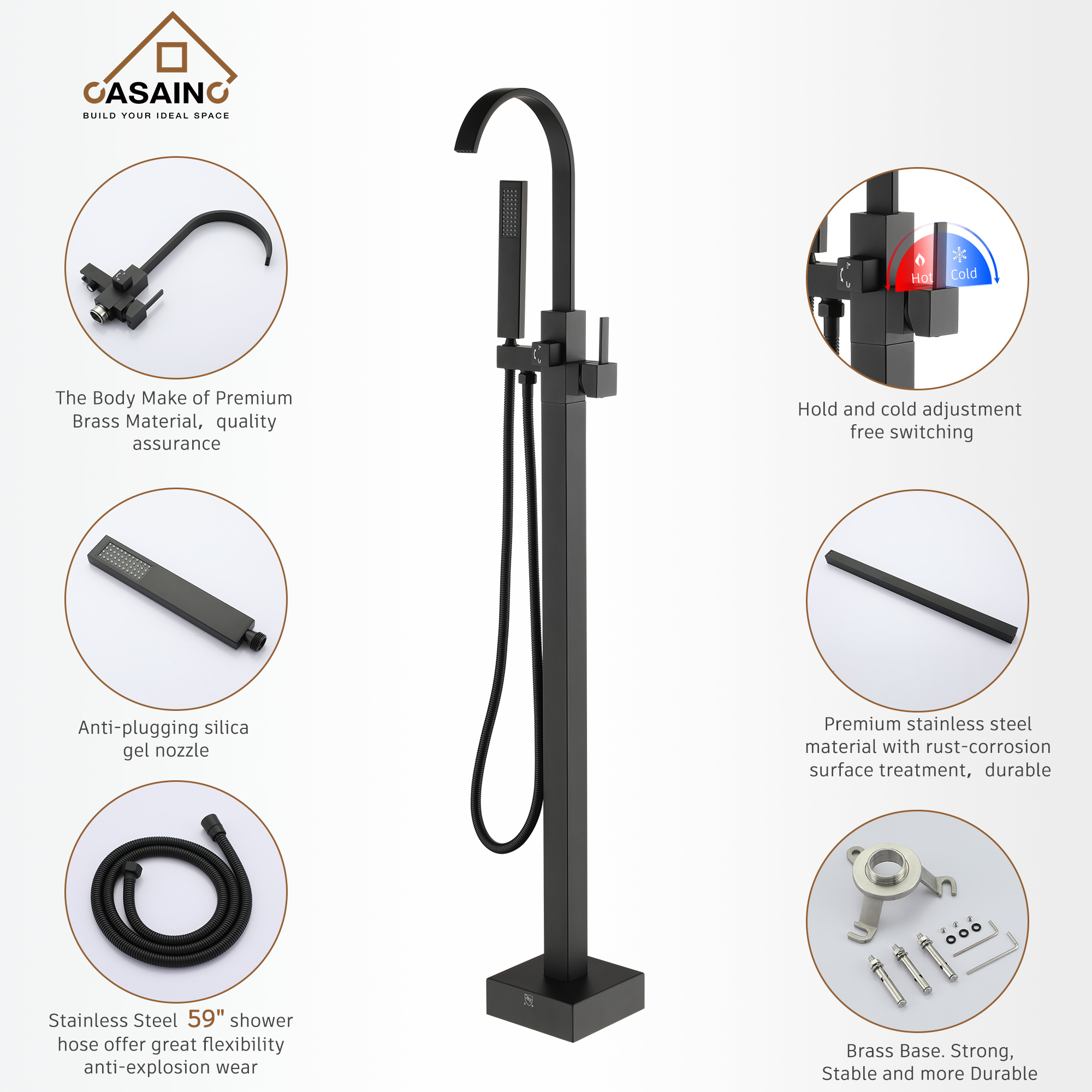 Single-Handle Floor-Mounted Bathtub Faucet High Flow Bathroom Tub Filler with Hand Shower, Brushed Nickel/Matte Black/Chrome