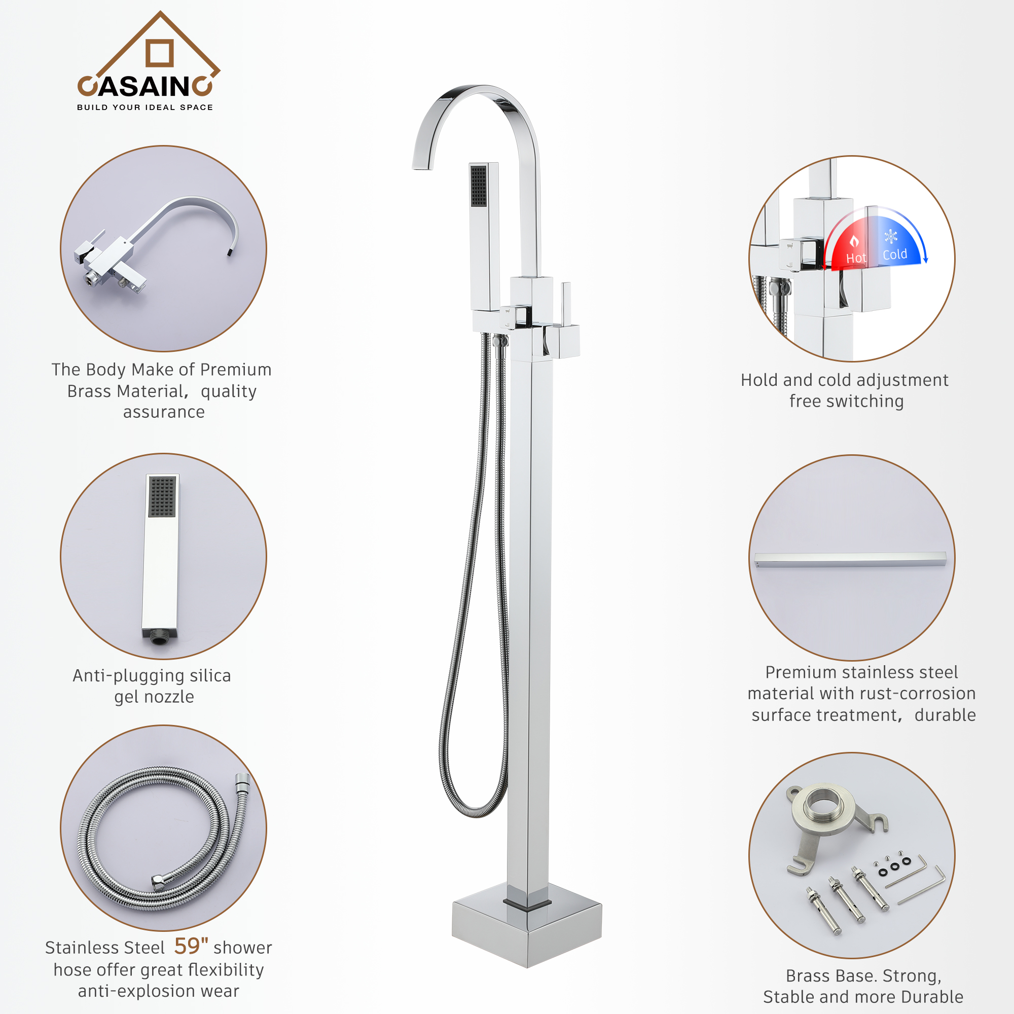 Single-Handle Floor-Mounted Bathtub Faucet High Flow Bathroom Tub Filler with Hand Shower, Brushed Nickel/Matte Black/Chrome