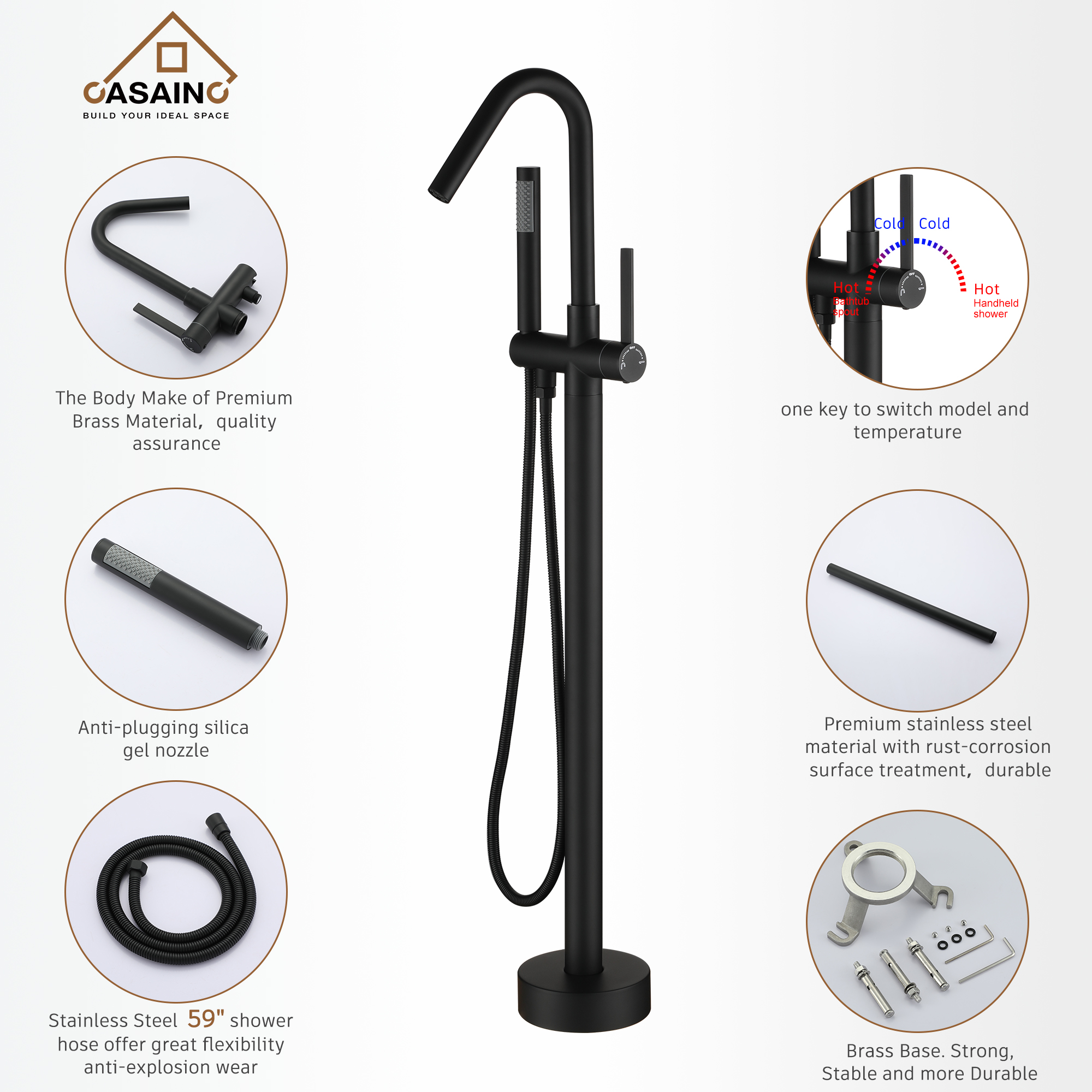 Freestanding Bathtub Faucet with Hand Shower, 360-Degree Swivel Spout, 2.5 GPM High Flow Rate Brushed Brass