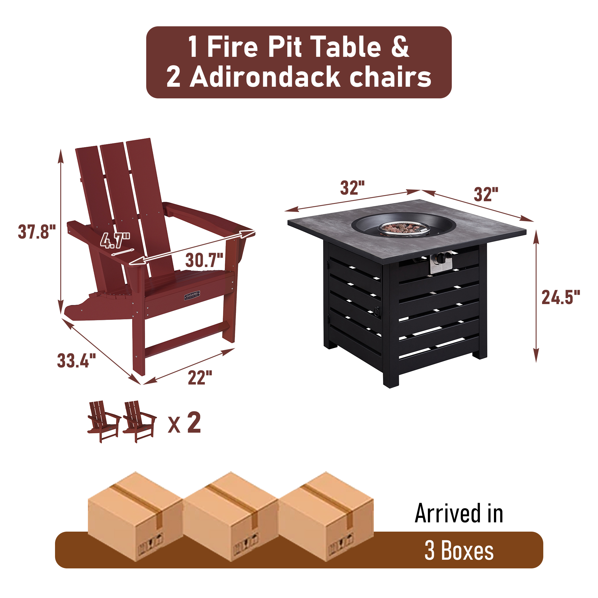 5-Piece / 3-Piece  HDPE Adirondack Chairs Outdoor Conversation Set with 32-inch Propane Fire Pit Table
