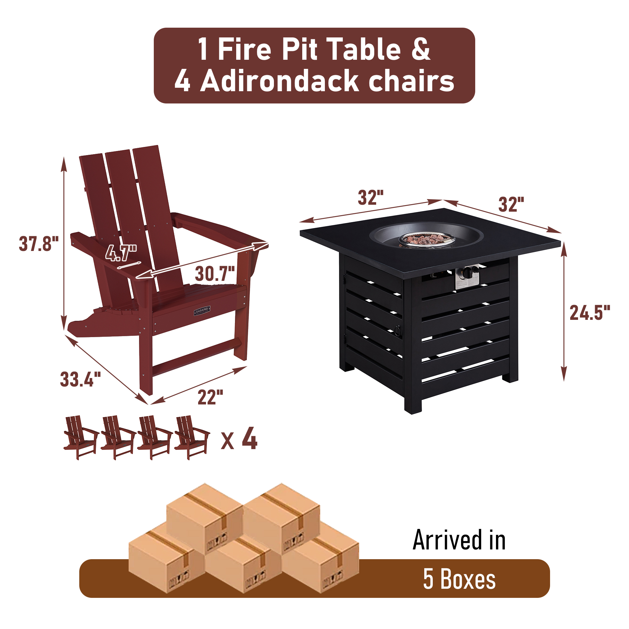 5-Piece / 3-Piece HDPE Adirondack Chairs Outdoor Conversation Set with 32-inch Propane Fire Pit Table