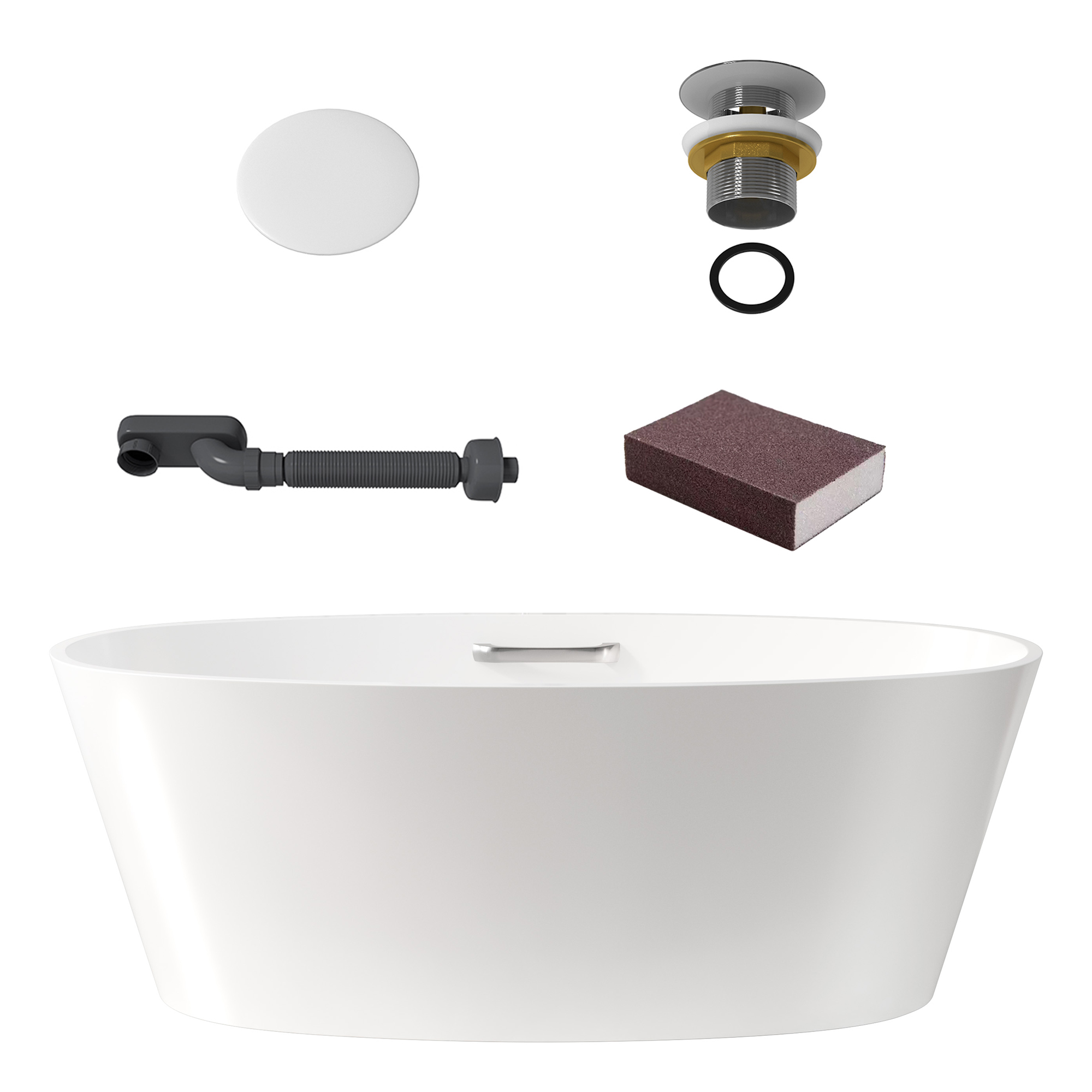 63" Matte White Solid Surface Freestanding Soaking Bathtub with One-Side Armrest