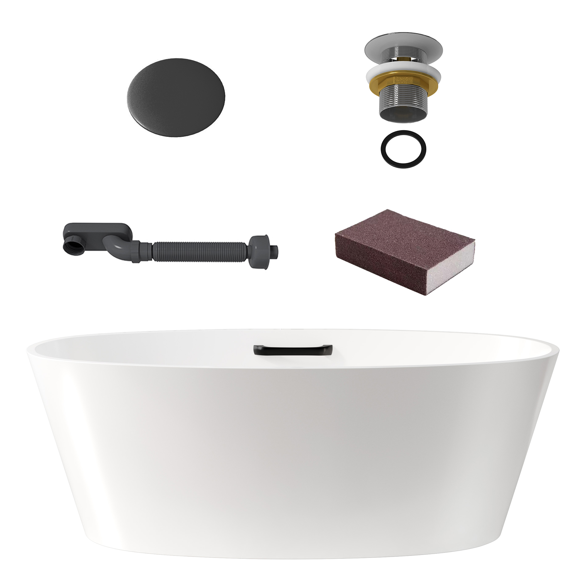 63" Matte White Solid Surface Freestanding Soaking Bathtub with One-Side Armrest
