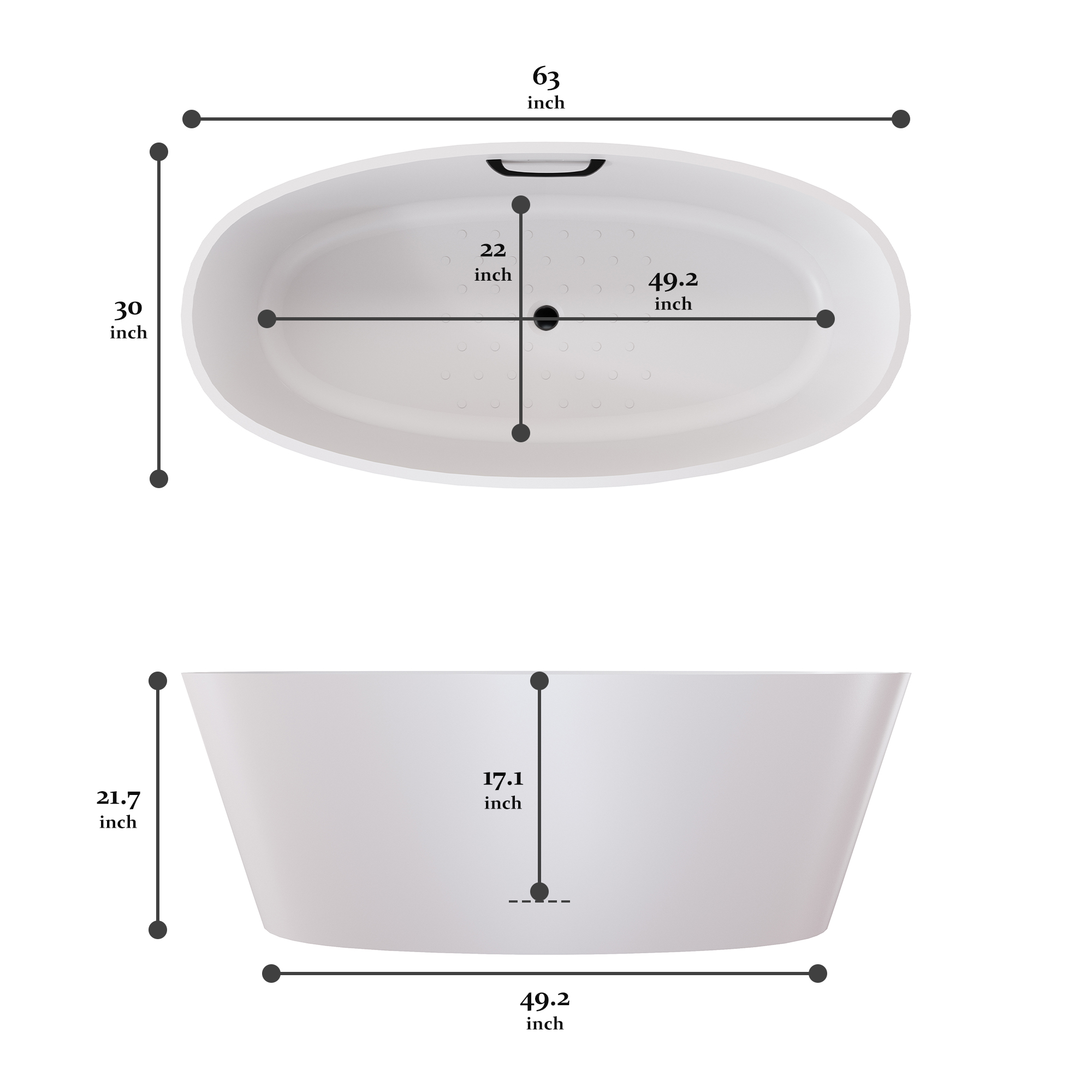 63" Matte White Solid Surface Freestanding Soaking Bathtub with One-Side Armrest