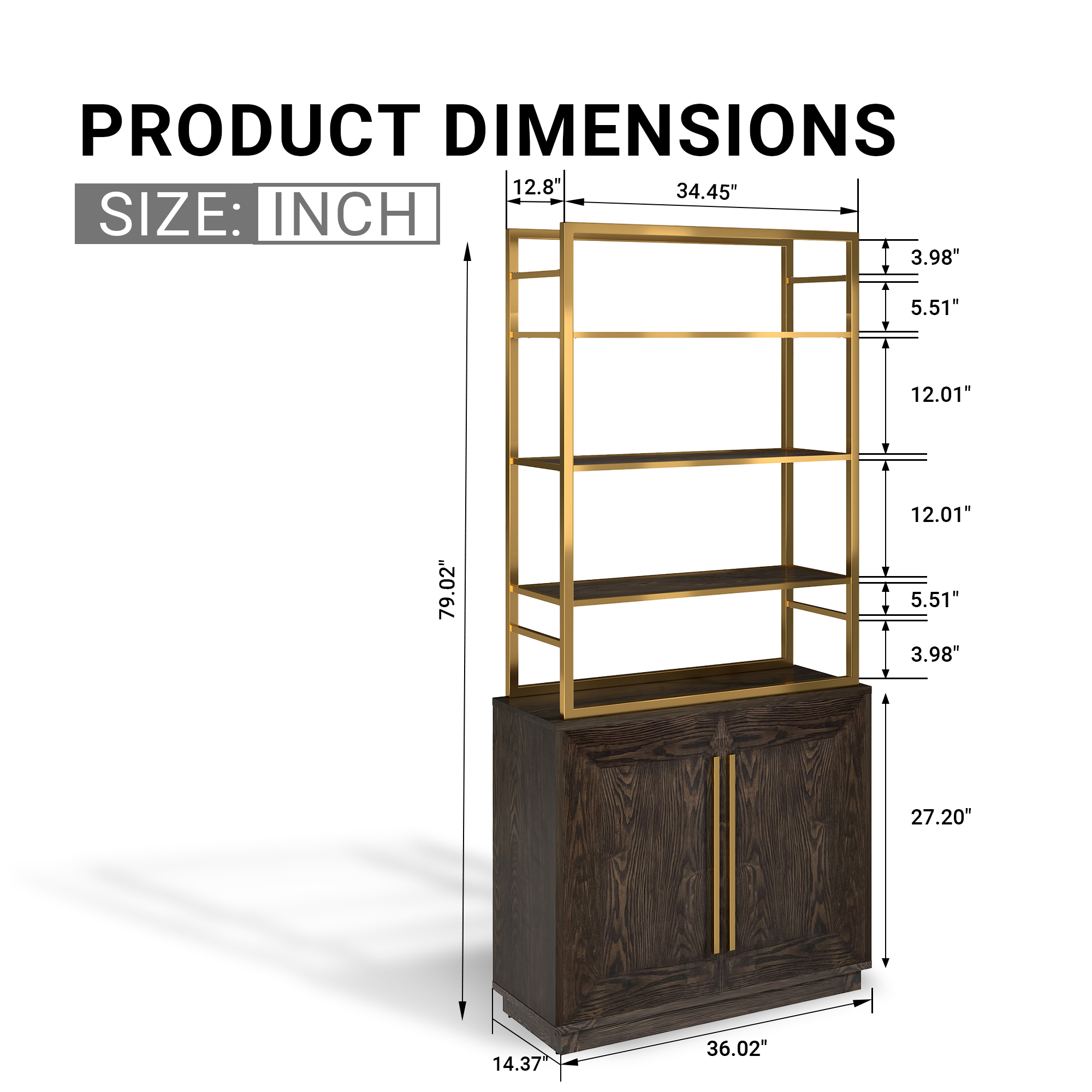 79 in. Tall Vertical Storage Space Gold Stainless Steel Bookshelf Bookcase With Cabinet