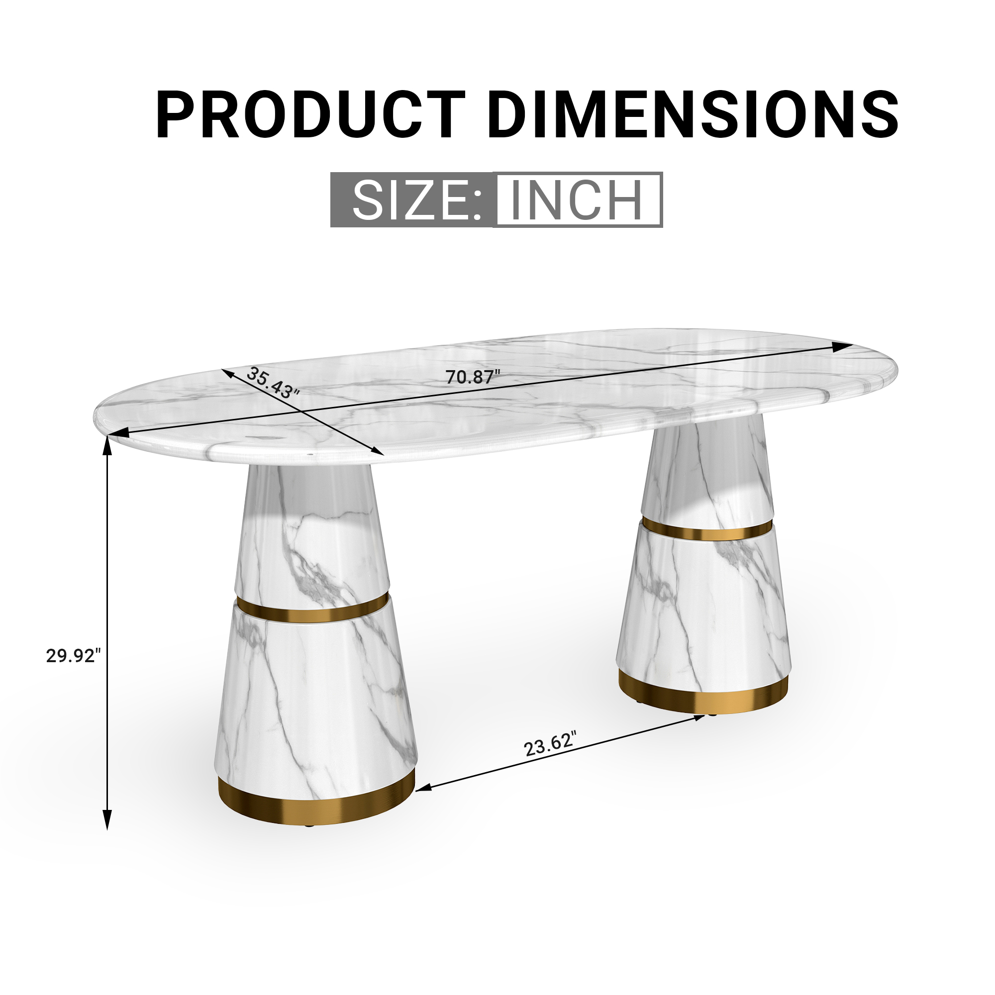 White Marble Top 70 in. W Conical Base Column Dining Table Seats-6 with Adjustable Foot Nails