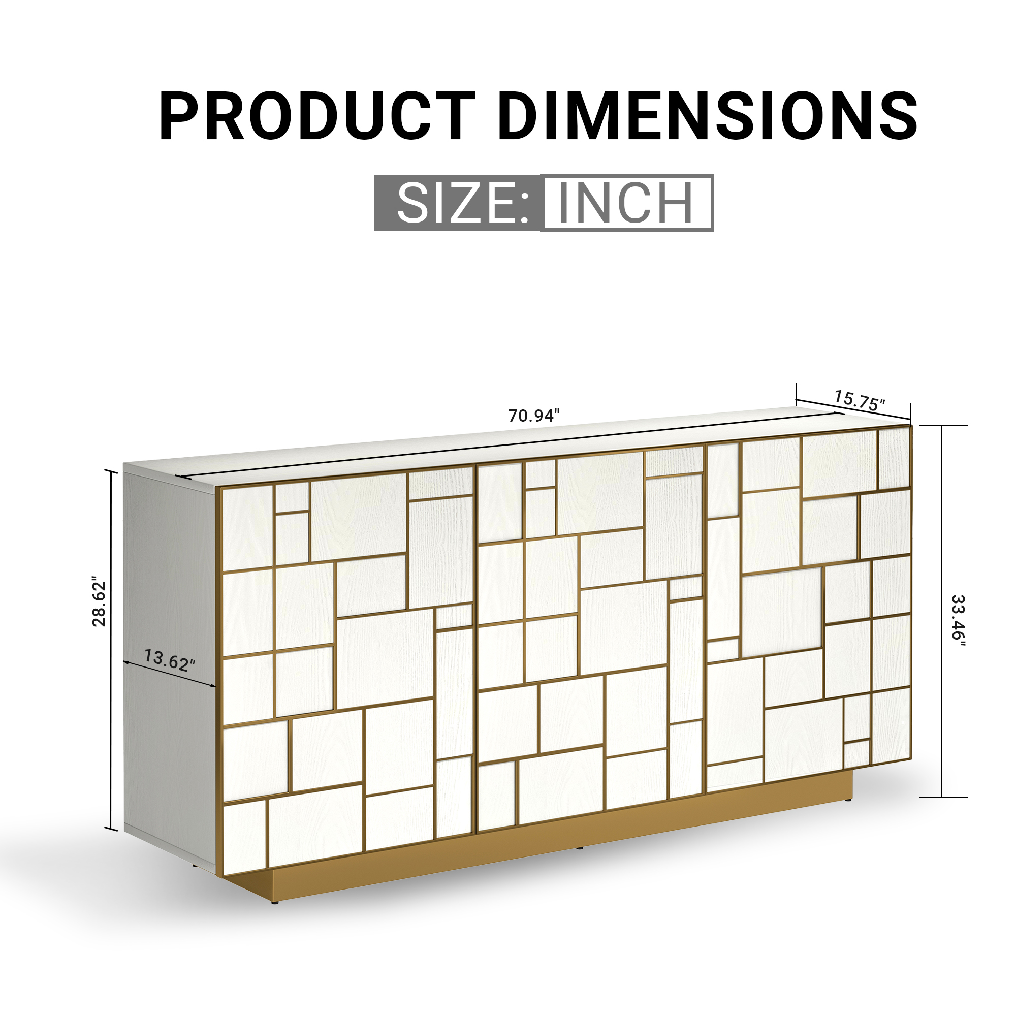 White MDF 70.87 in. Buffet Sideboard Dining Table Metal 3 Door Storage Cabinet