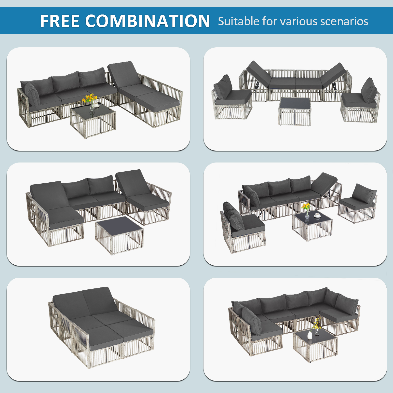 7-Piece Outdoor Patio Furniture Set – PE Rattan Sectional Sofa with Cushions & Coffee Table, All-Weather Wicker, Removable Covers，Gray/Blue/Brown
