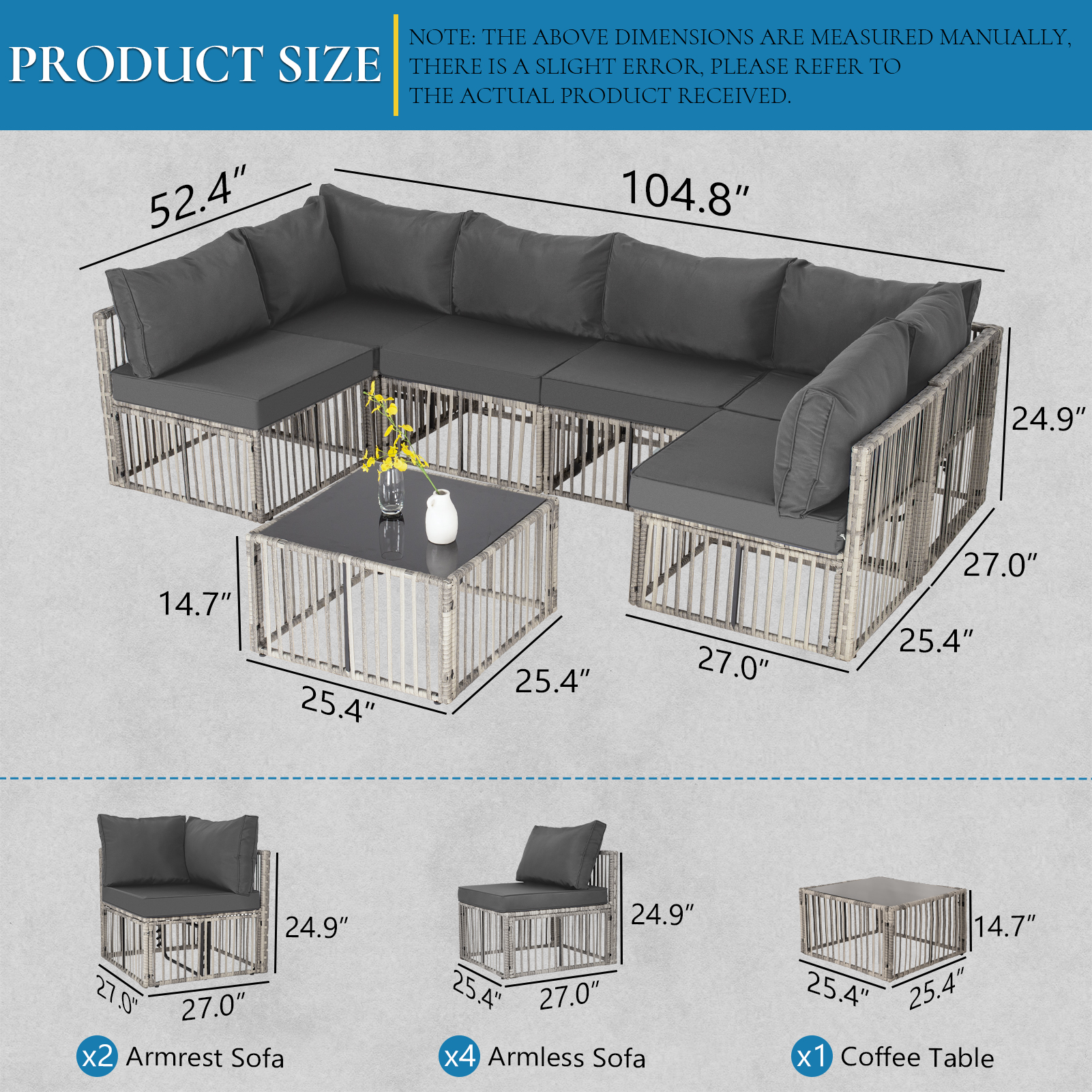 7-Piece Outdoor Patio Furniture Set – PE Rattan Sectional Sofa with Cushions & Coffee Table, All-Weather Wicker, Removable Covers，Gray/Blue/Brown