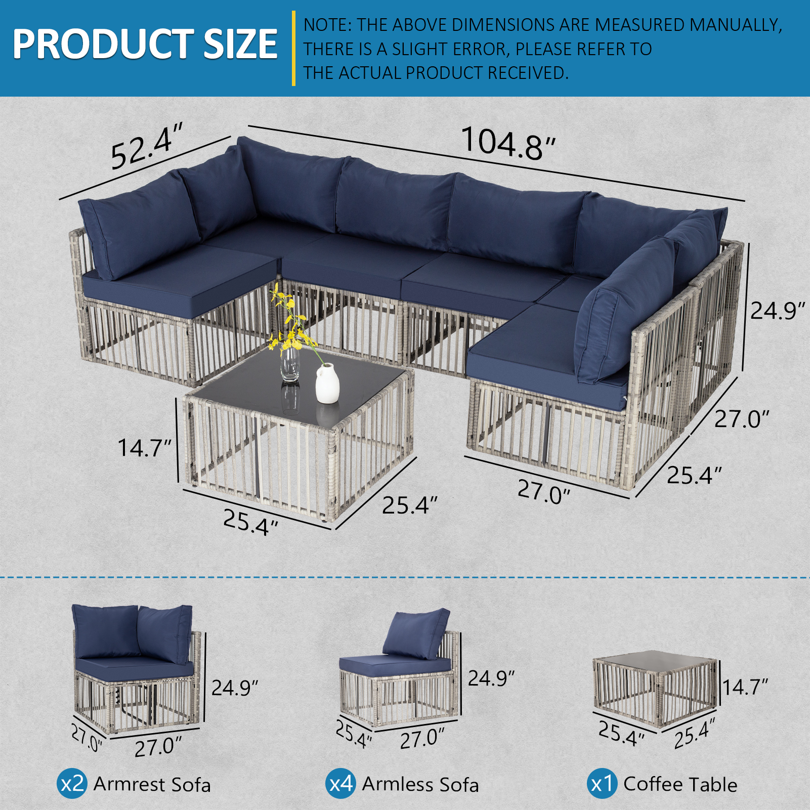7-Piece Outdoor Patio Furniture Set – PE Rattan Sectional Sofa with Cushions & Coffee Table, All-Weather Wicker, Removable Covers，Gray/Blue/Brown