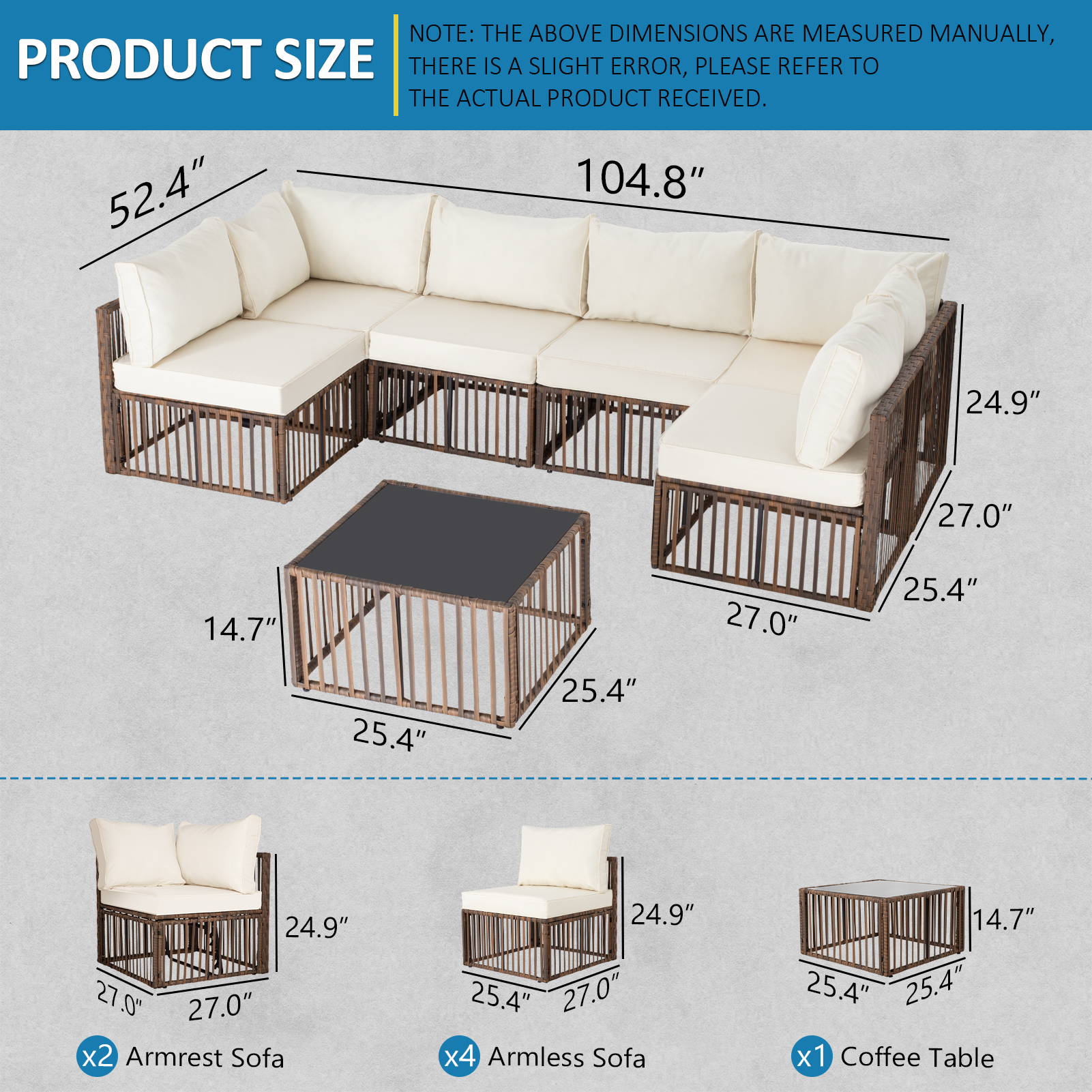 7-Piece Outdoor Patio Furniture Set – PE Rattan Sectional Sofa with Cushions & Coffee Table, All-Weather Wicker, Removable Covers，Gray/Blue/Brown