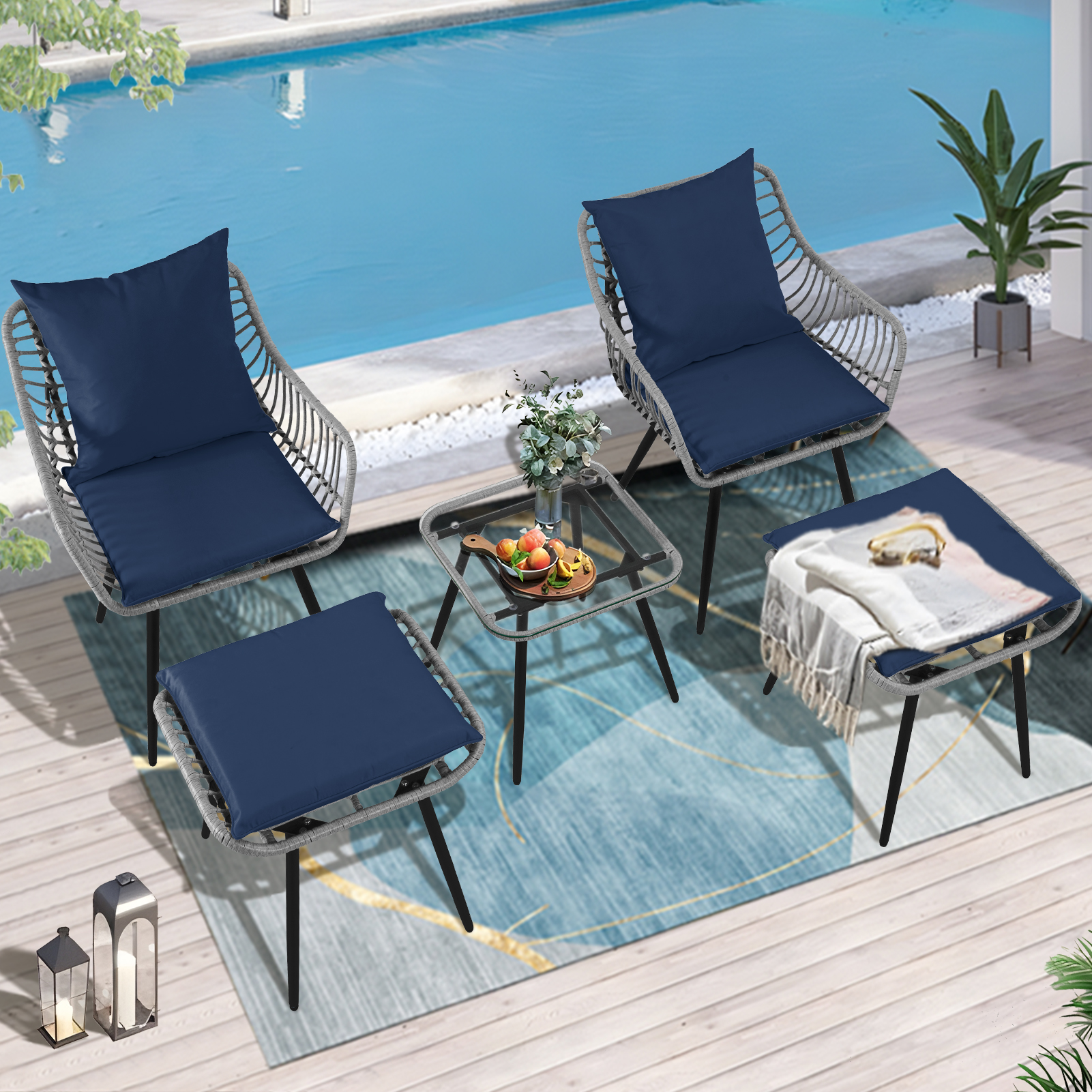 7-Piece Patio Bistro Set – PE Rattan Chairs with Cushions, Ottomans, and Tempered Glass Coffee Table, Compact Outdoor Furniture for Balcony or Small Spaces (Blue/Beige)