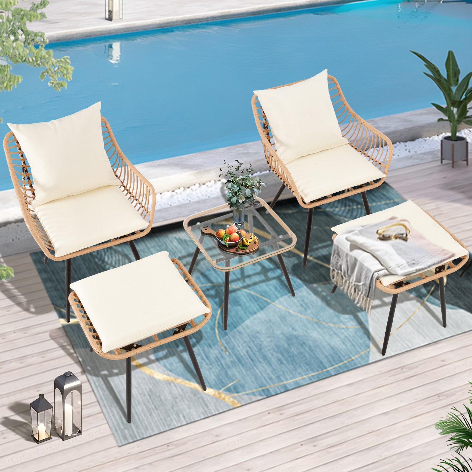 7-Piece Patio Bistro Set – PE Rattan Chairs with Cushions, Ottomans, and Tempered Glass Coffee Table, Compact Outdoor Furniture for Balcony or Small Spaces (Blue/Beige)