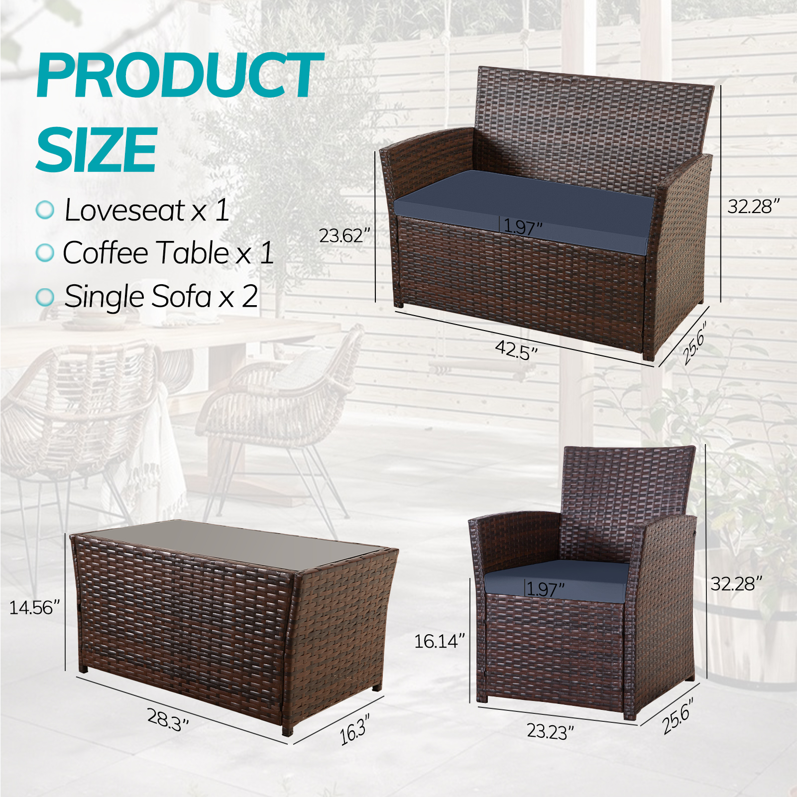 4-Piece PE Rattan Patio Furniture Set – Double Sofa, 2 Armchairs, Coffee Table with Cushions, Weather-Resistant Outdoor Conversation Set, Brown-Blue/Gray/Black-Gray/Black-Blue