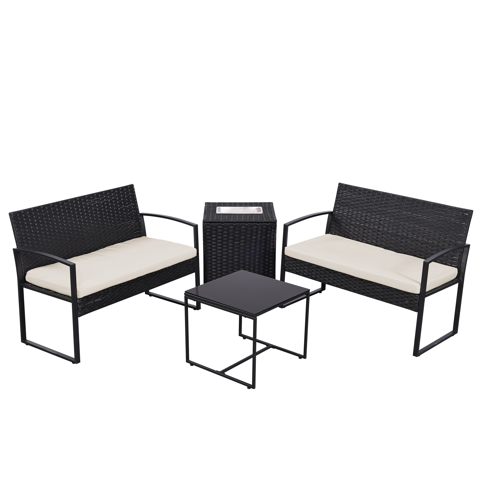 4-Piece Outdoor Patio Set with Ice Bucket Table – PE Rattan Double Chairs & Coffee Table Conversation Set with Storage, Waterproof Cushions, 5 Color Options