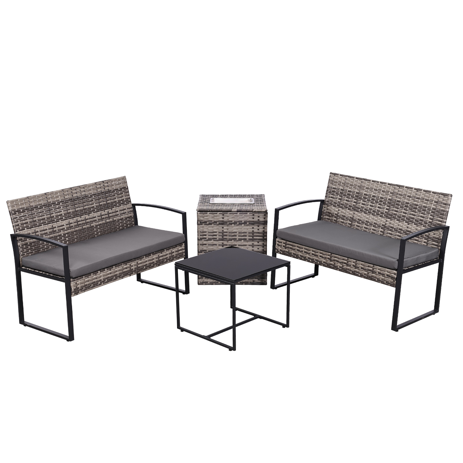 4-Piece Outdoor Patio Set with Ice Bucket Table – PE Rattan Double Chairs & Coffee Table Conversation Set with Storage, Waterproof Cushions, 5 Color Options