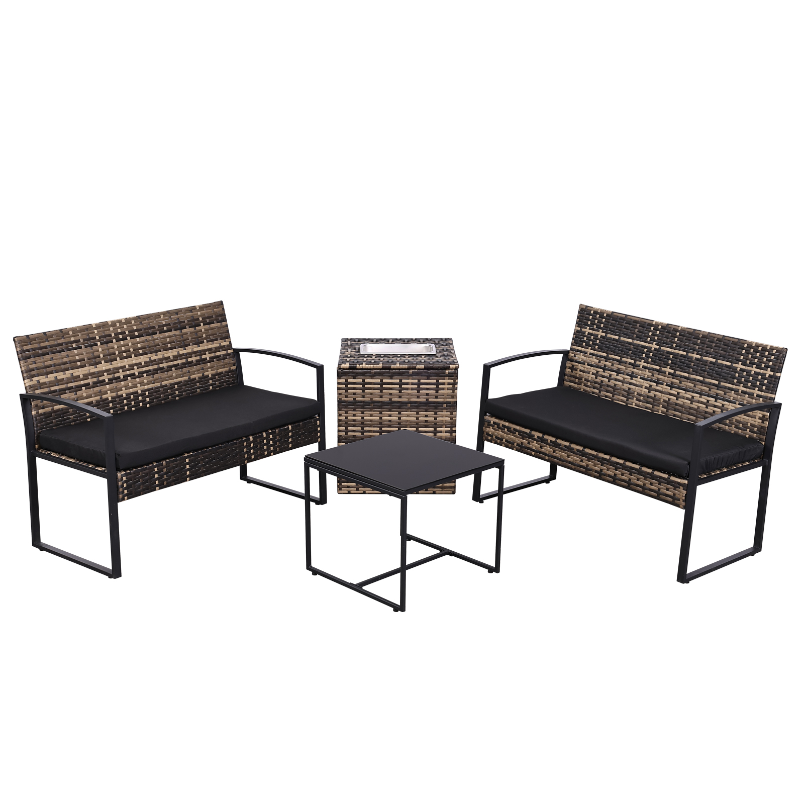 4-Piece Outdoor Patio Set with Ice Bucket Table – PE Rattan Double Chairs & Coffee Table Conversation Set with Storage, Waterproof Cushions, 5 Color Options