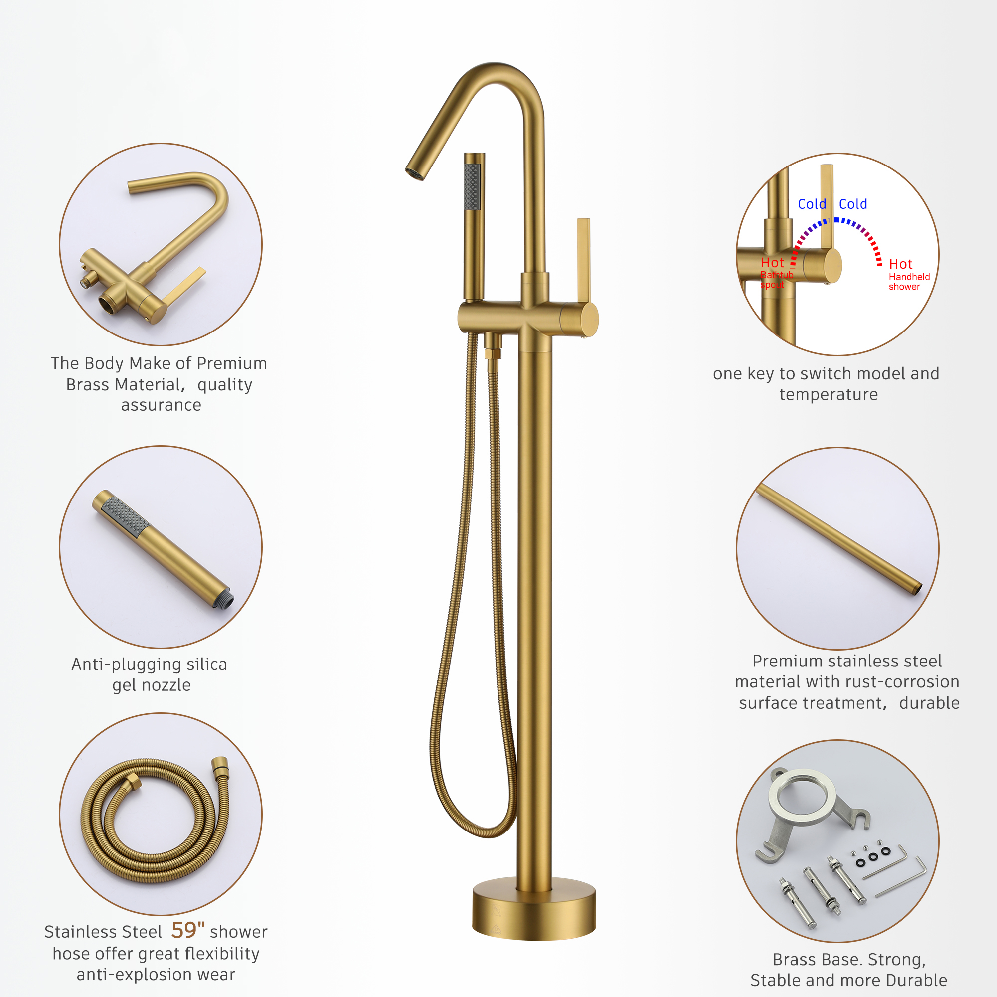 Freestanding Bathtub Faucet with Hand Shower, 360-Degree Swivel Spout, 2.7 GPM High Flow Rate Brushed Brass