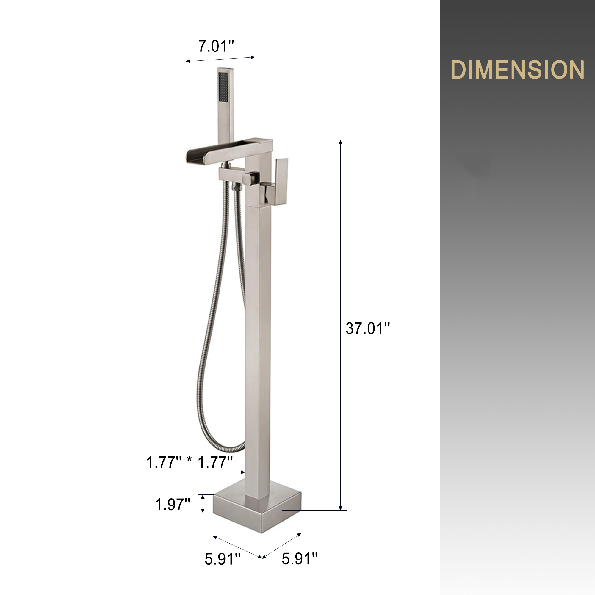 2.5 GPM Floor Mount Freestanding Waterfall Tub Faucet with Handheld Shower, Brushed Nickel/Matte Black/Brushed Gold