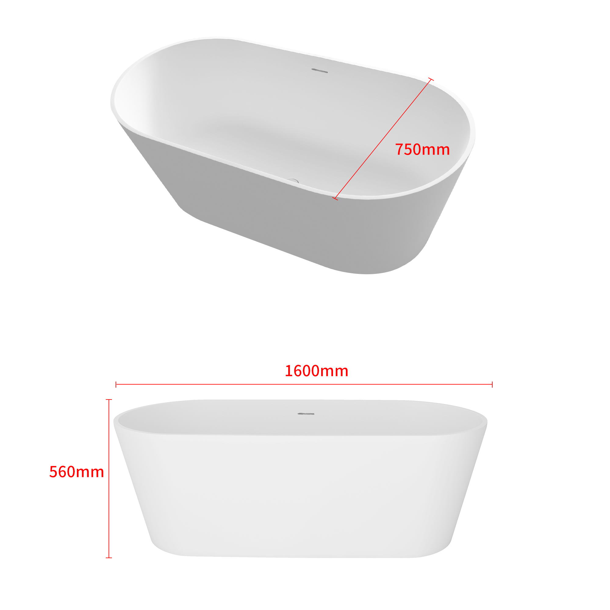 63" Matte White Faux Stone Freestanding Soaking Tub with Drain , Eco-friendly materials, hand-polished, freestanding soaking tub