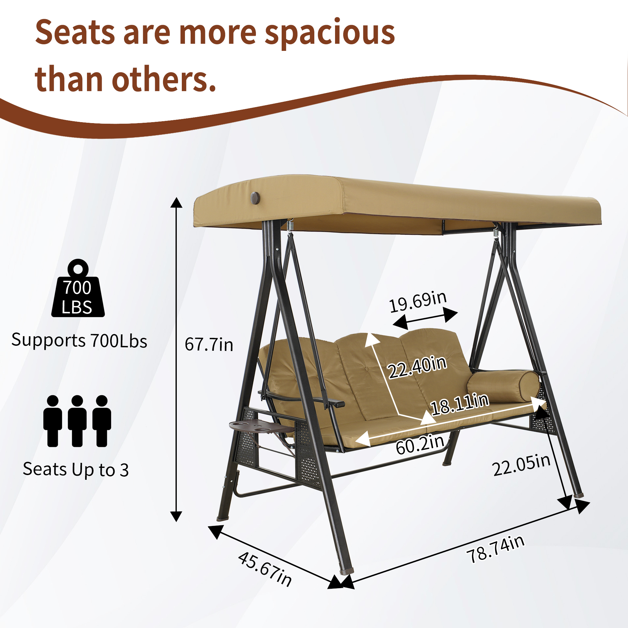 Steel 3 Person Patio Swing Chair Swinging Outdoor Chair with Removable Mat, Cushion and Convertible Canopy