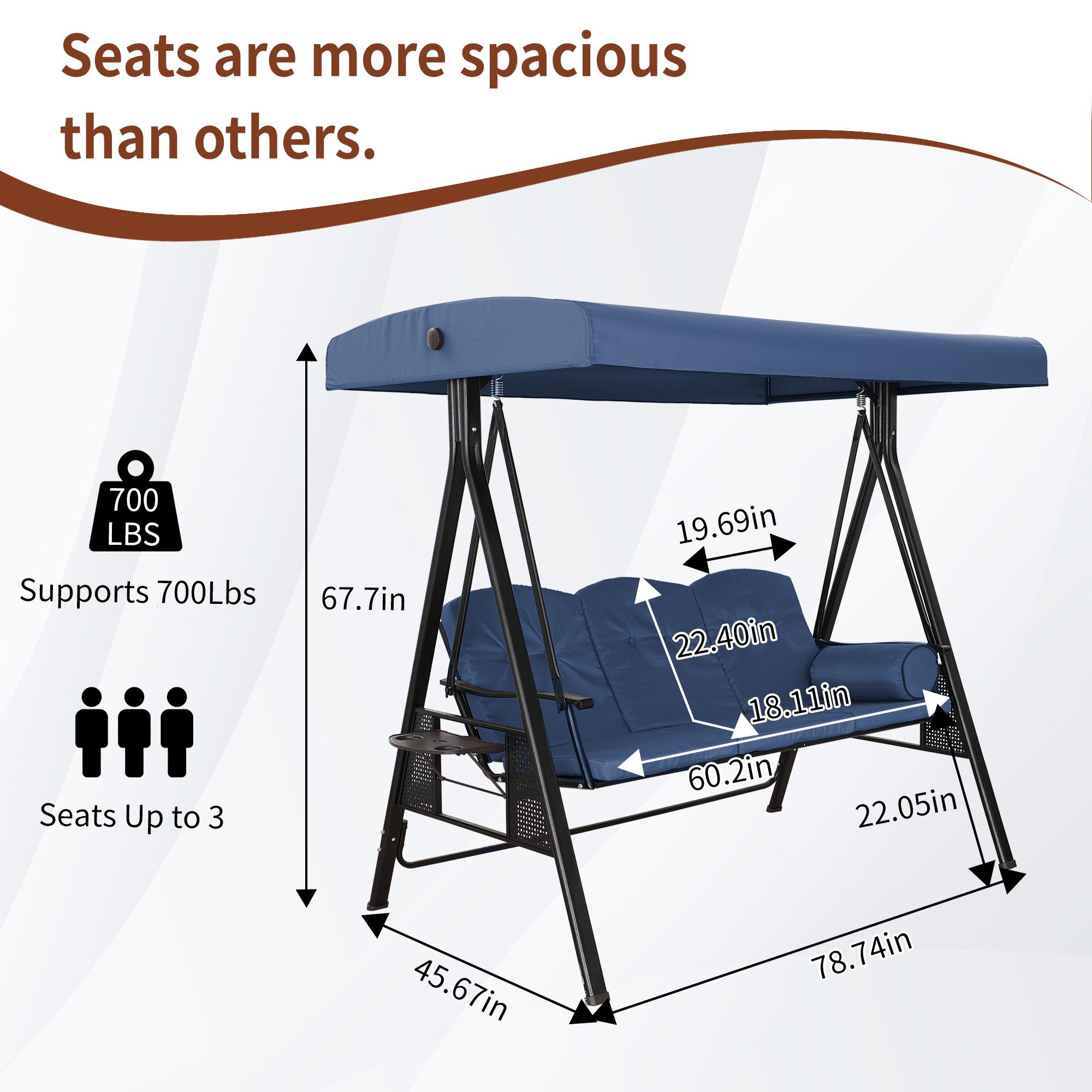 Steel 3 Person Patio Swing Chair Swinging Outdoor Chair with Removable Mat, Cushion and Convertible Canopy