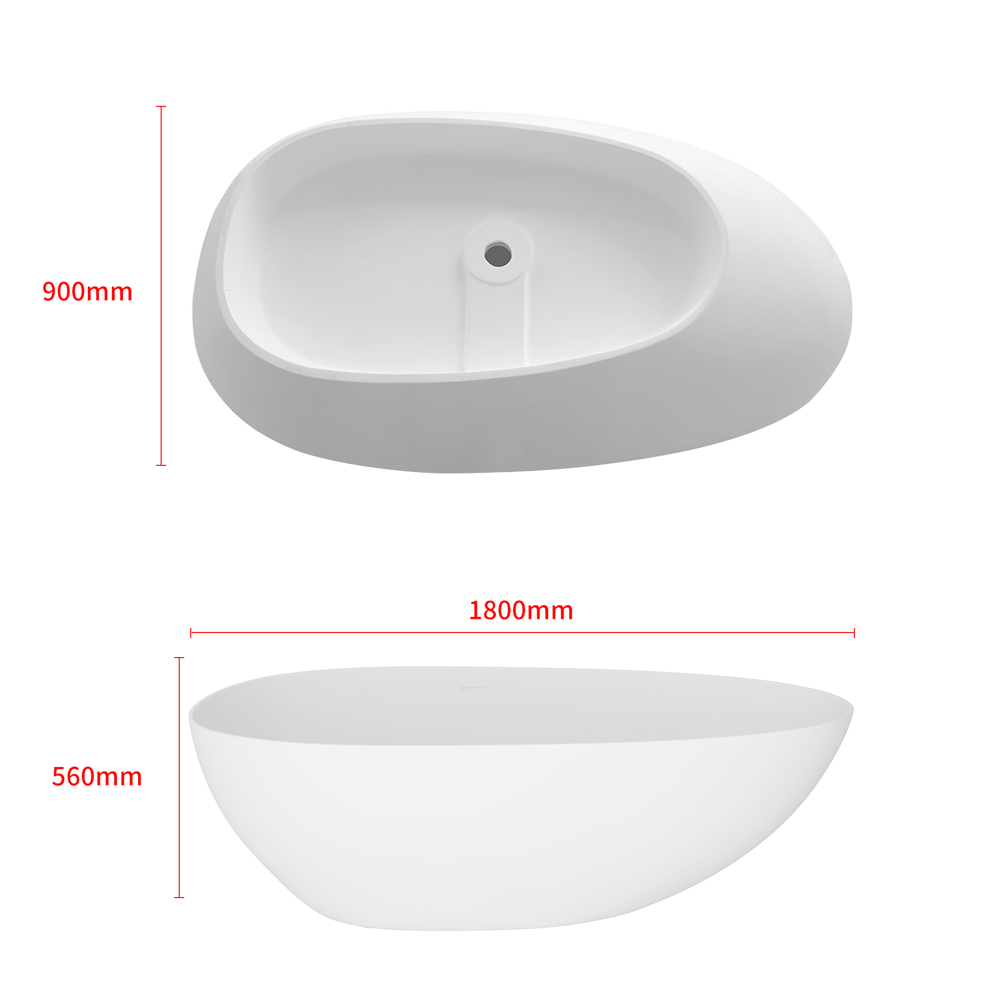 71'' Resin Stone Freestanding Bathtub, Solid Surface Matte White Free Standing Tub, Egg Shape Stand Alone Soaking Tubs with Drain, Drain Hose & Sanding Paper