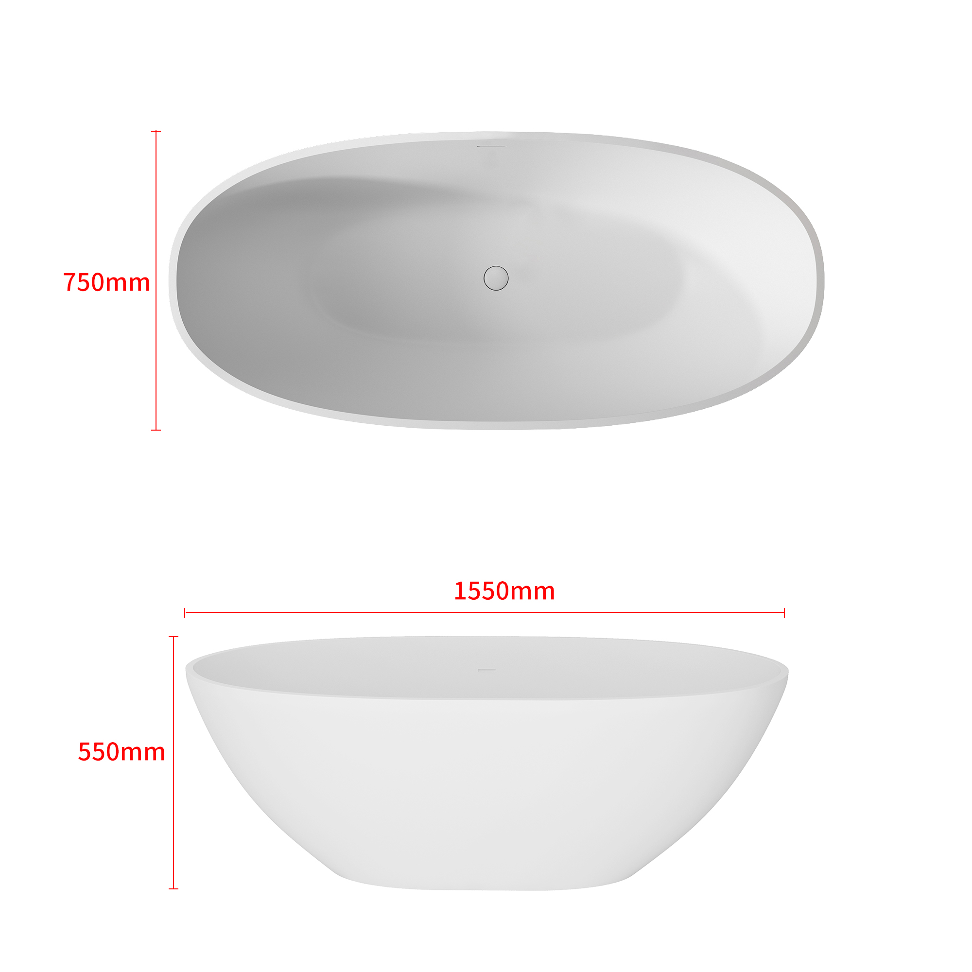 Boyel Livong 61" Matte White Faux Stone Freestanding Soaking Tub with Drain