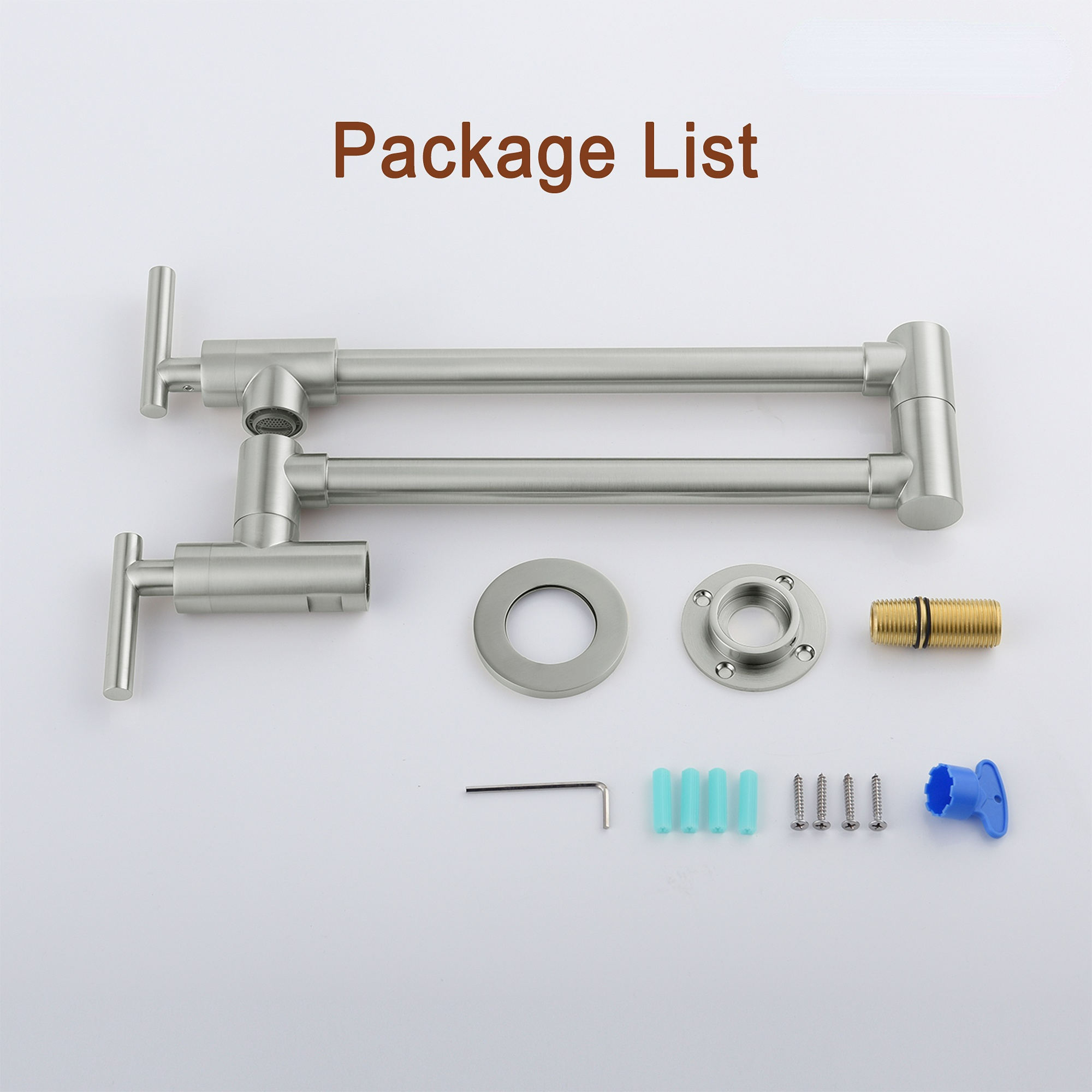 Pot Filler Faucet Wall Mount Kitchen Sink Faucet Stove Pot Filling Faucet with Double Joint Swing Arms Folding Faucet, Solid Brass Material, Lead-Free, Single Hole, Brushed Nickel