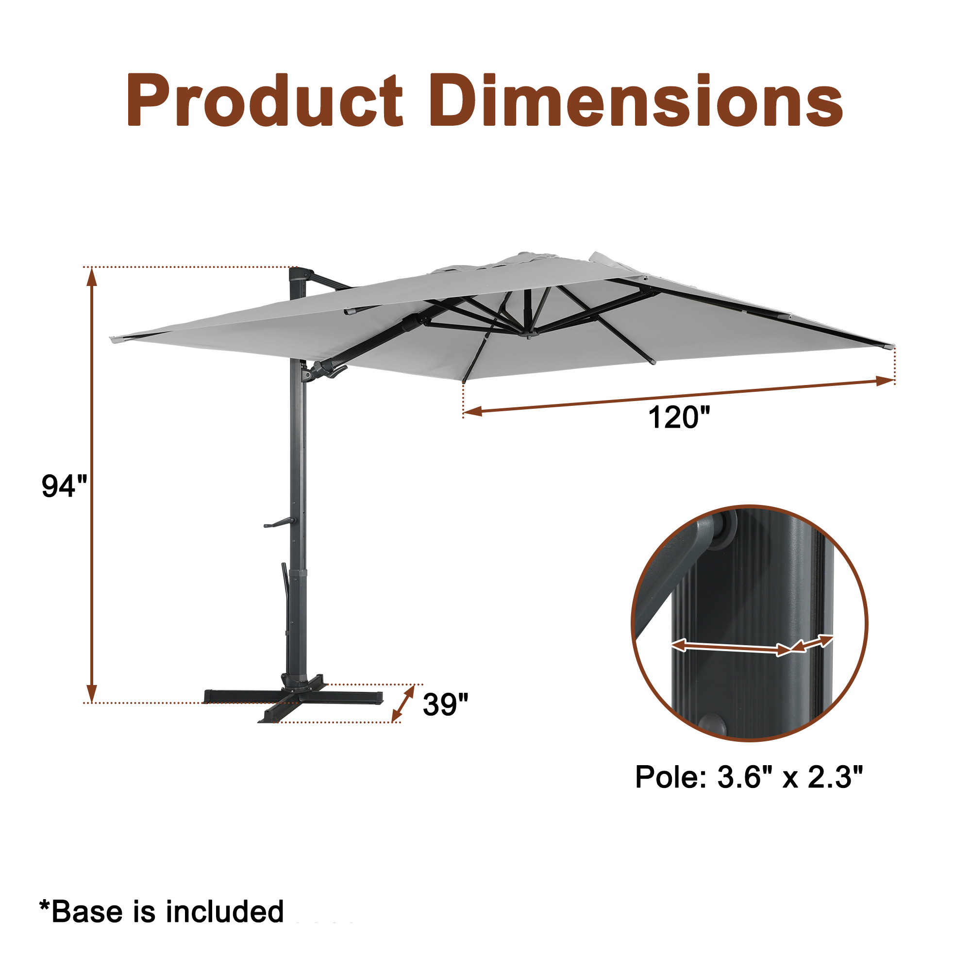 10ft Square Aluminum 90° Adjustable Tilt Umbrella with Base for Outdoor Patio Umbrella-Mondawe