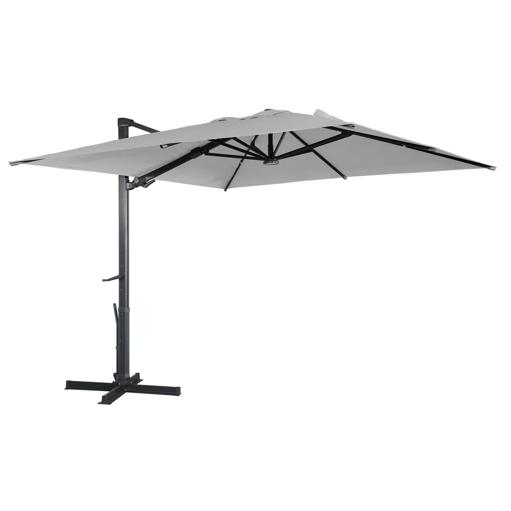 Square Aluminum Cantilever Patio Umbrella with 90° Tilt, LED & Bluetooth Mood Light, and Base Included